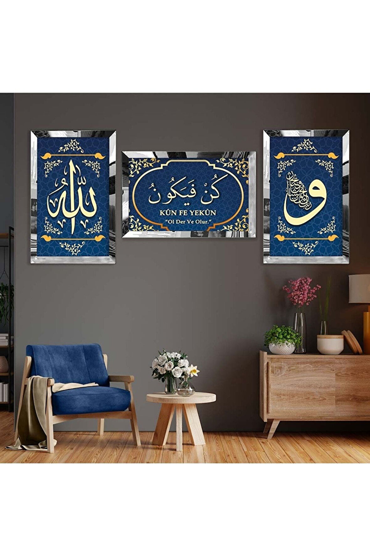 Gümüş Aynalı Pleksi Çerçevel Kün Fe Yekün Dini Model Üçlü Mdf Tablo Seti