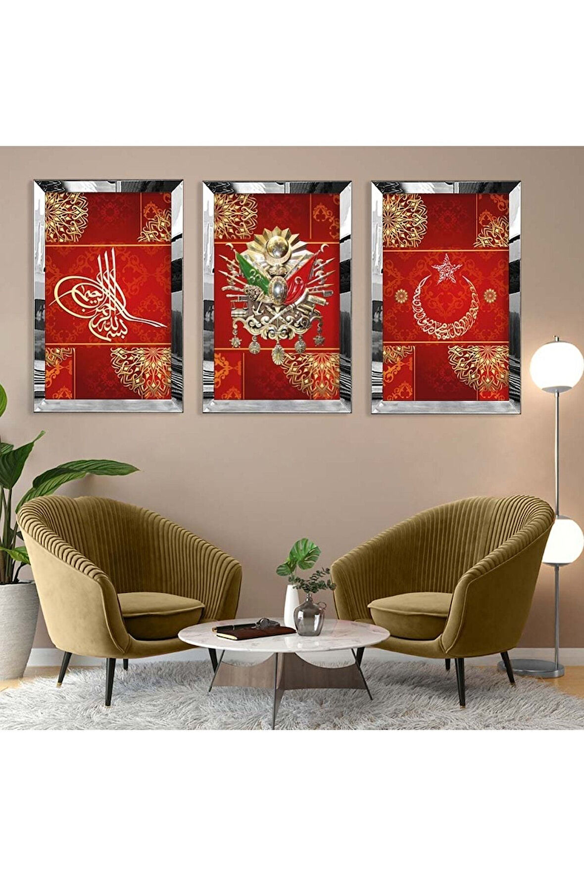 Gold Aynalı Pleksi Çerçeveli Üçlü Kırmızı Arka Planlı Gold Desenli Osmanlı Tuğrası Mdf Tablo Seti