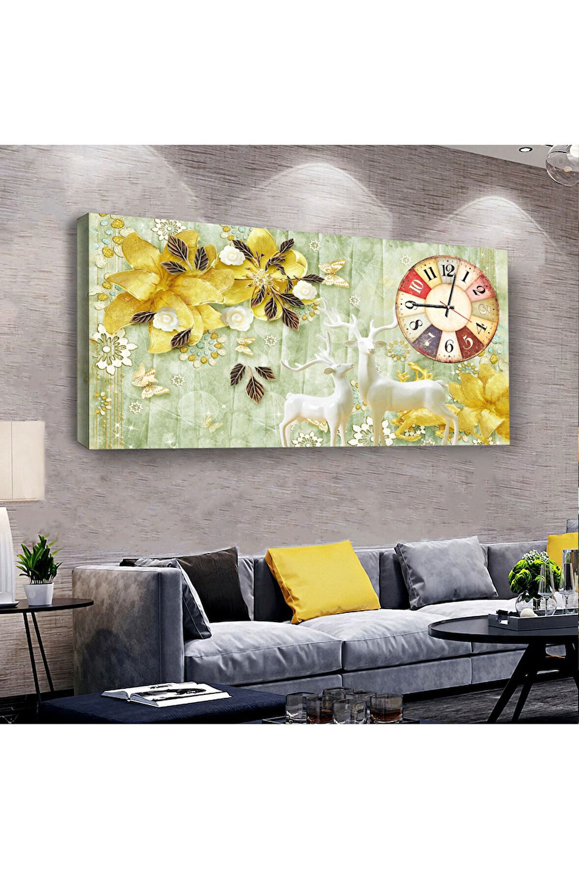 Sarı Çiçek 100 X 50 Cm Saatli Kanvas Tablo
