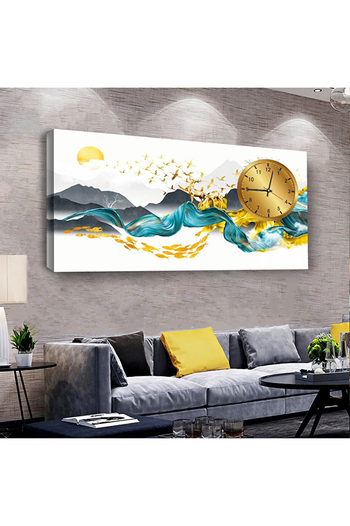 Kolaj Çizim 100 X 50 Cm Saatli Kanvas Tablo