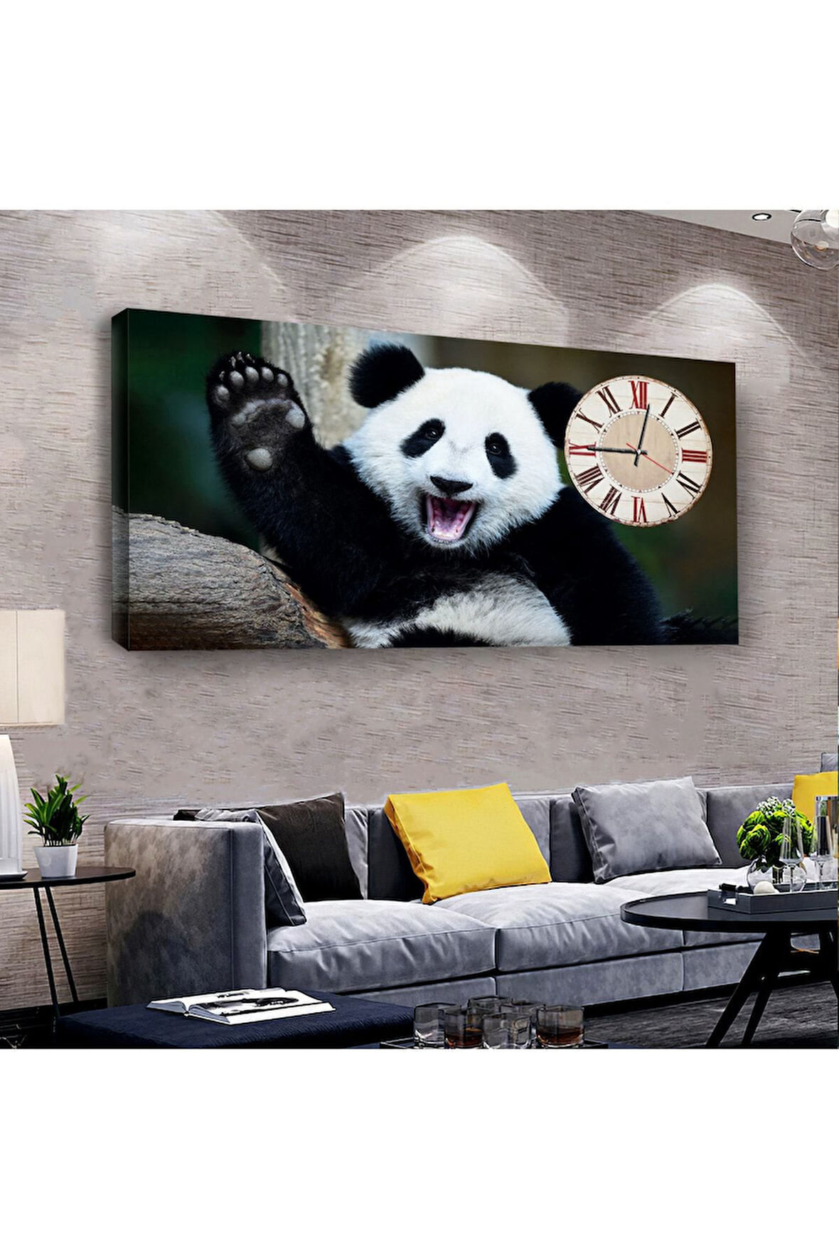 Sevimli Panda 100 X 50 Cm Saatli Kanvas Tablo