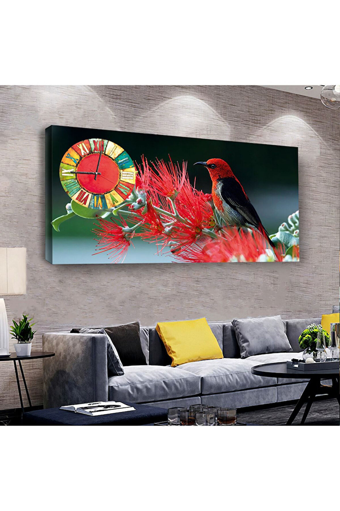 Renkli Kuş 100 X 50 Cm Saatli Kanvas Tablo