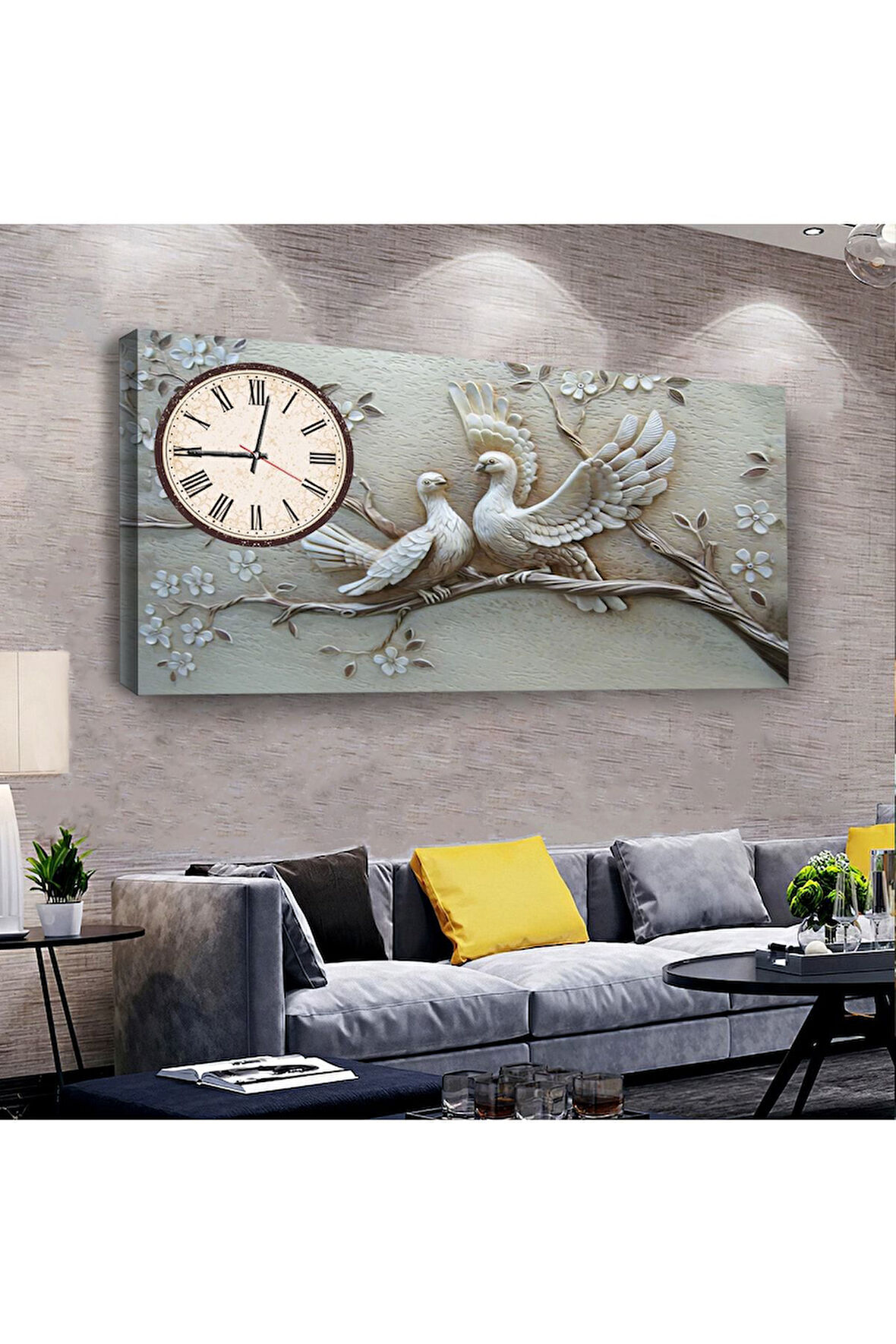 Aşk Kuşları 100 X 50 Cm Saatli Kanvas Tablo