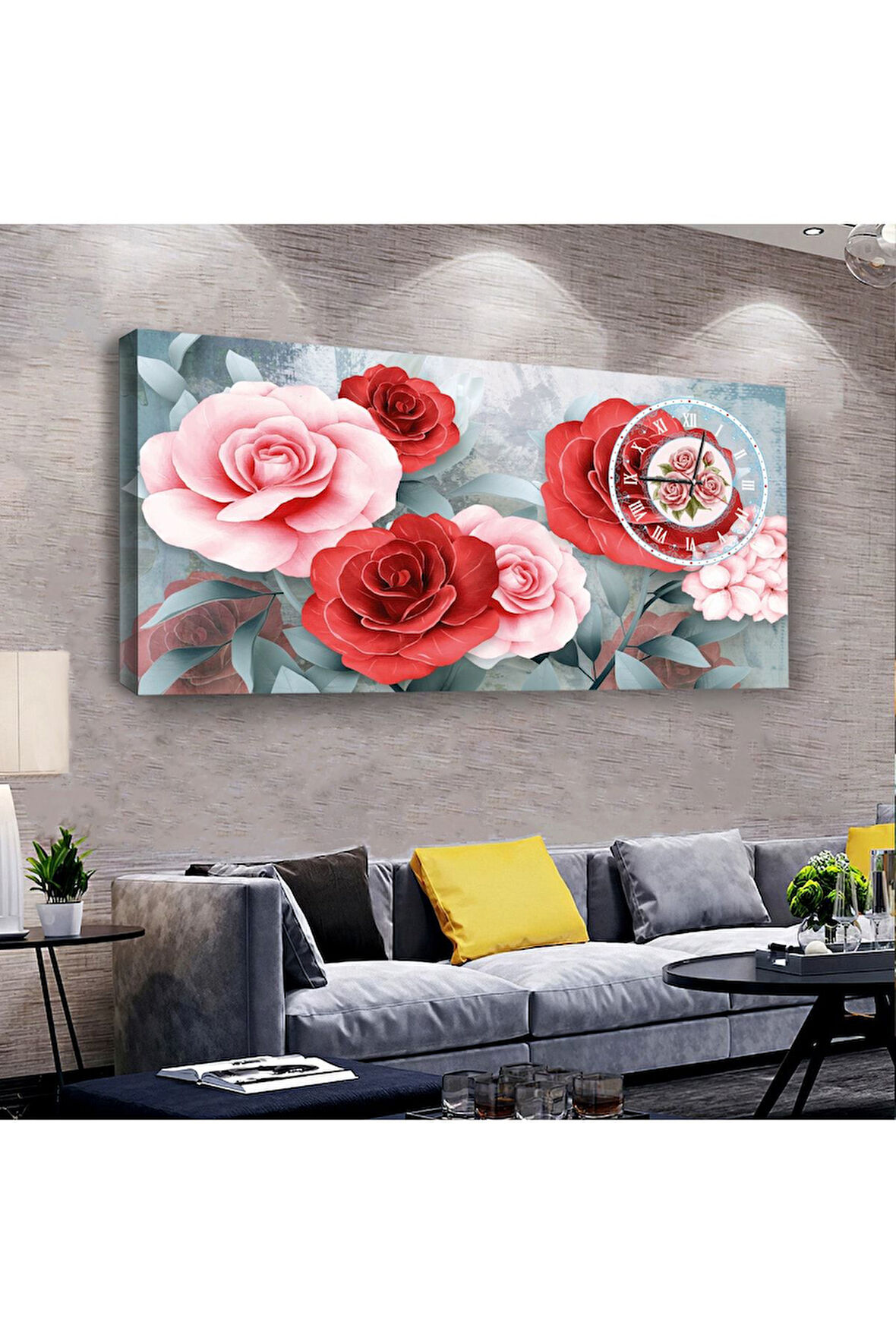 Kırmızı Pembe Gül 100 X 50 Cm Saatli Kanvas Tablo