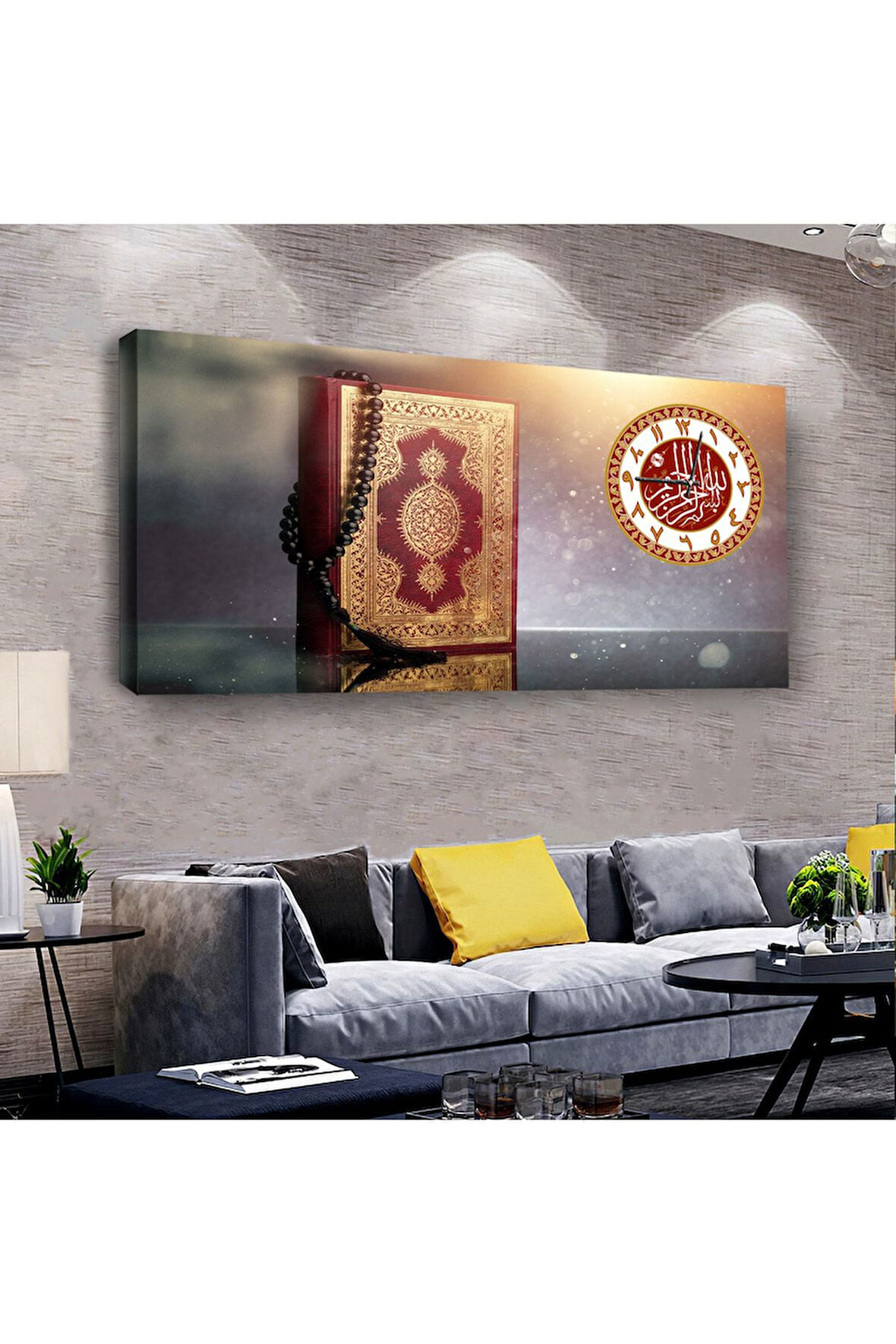 Kuranı Kerim Dini 100 X 50 Cm Saatli Kanvas Tablo