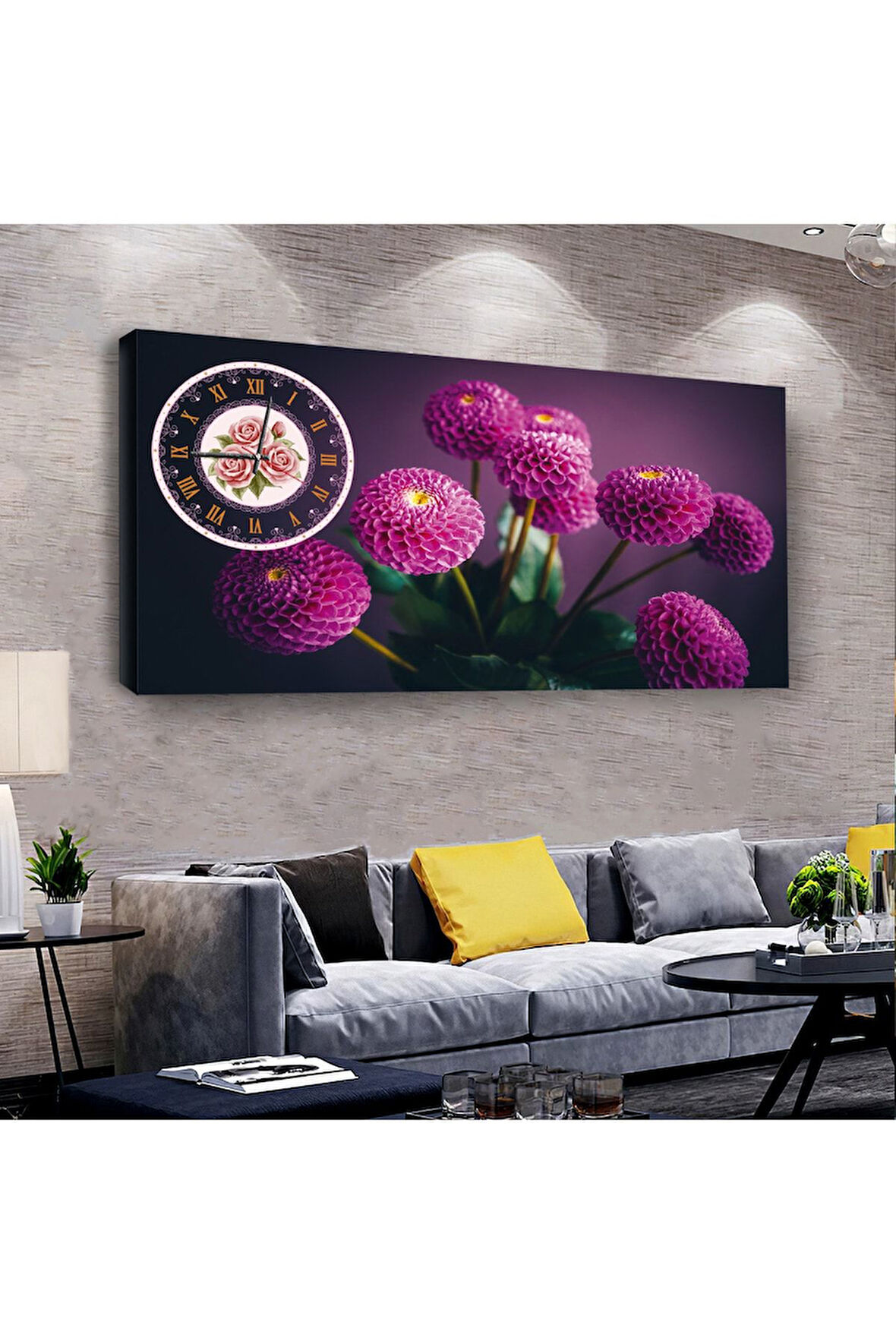 Çiçek 100 X 50 Cm Saatli Kanvas Tablo