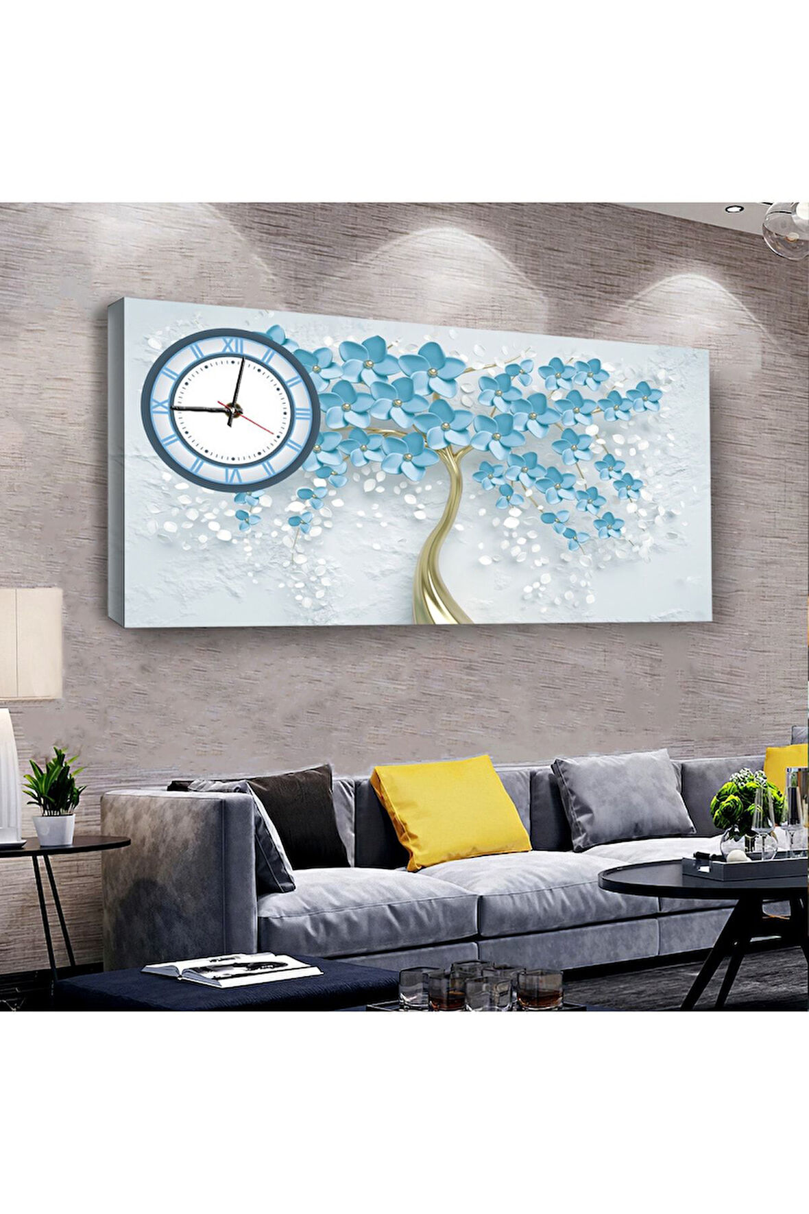 Mavi Çiçek 100 X 50 Cm Saatli Kanvas Tablo