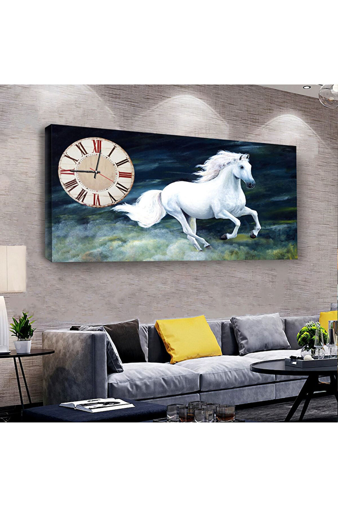 Beyaz At 100 X 50 Cm Saatli Kanvas Tablo