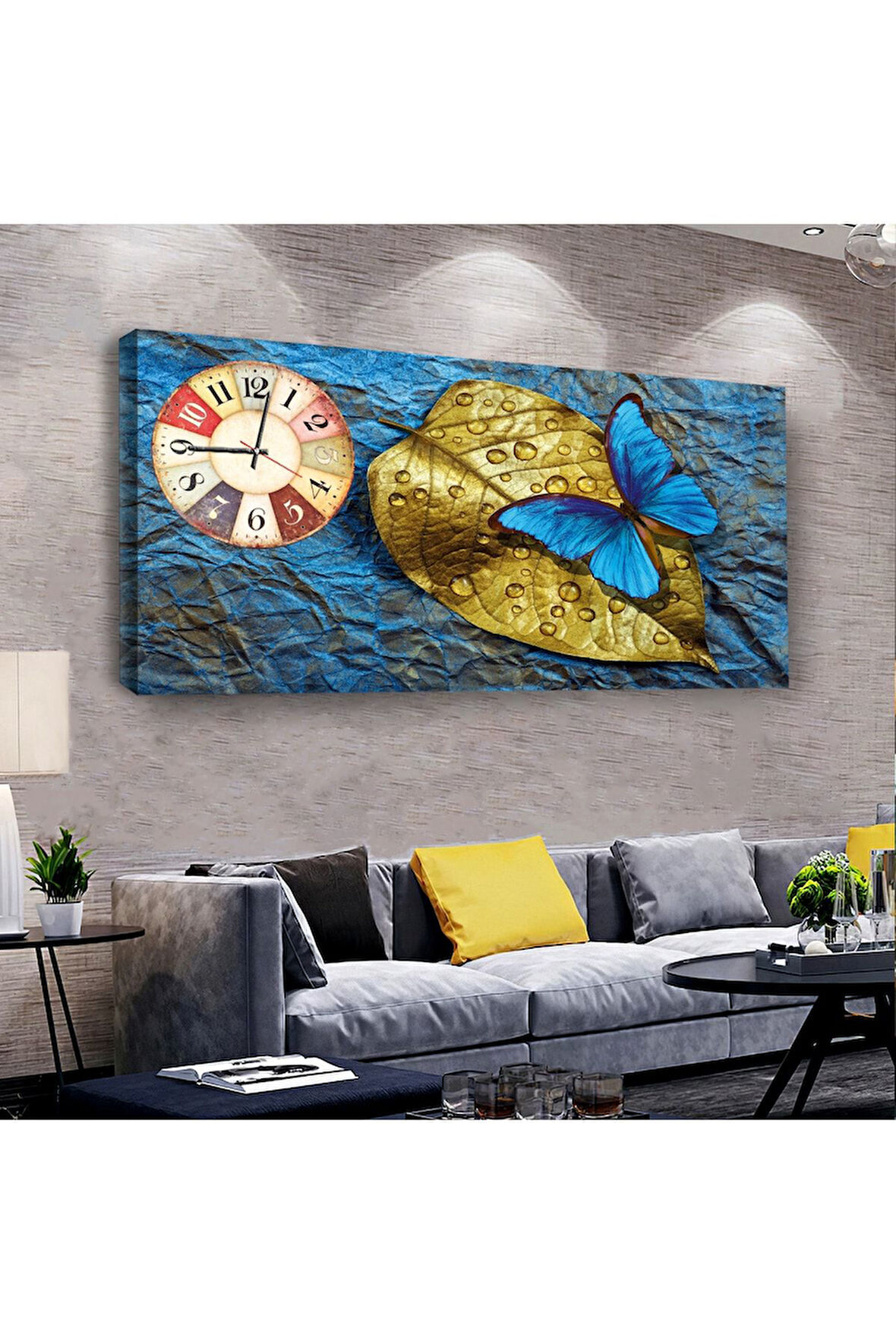 Mavi Kelebek 100 X 50 Cm Saatli Kanvas Tablo