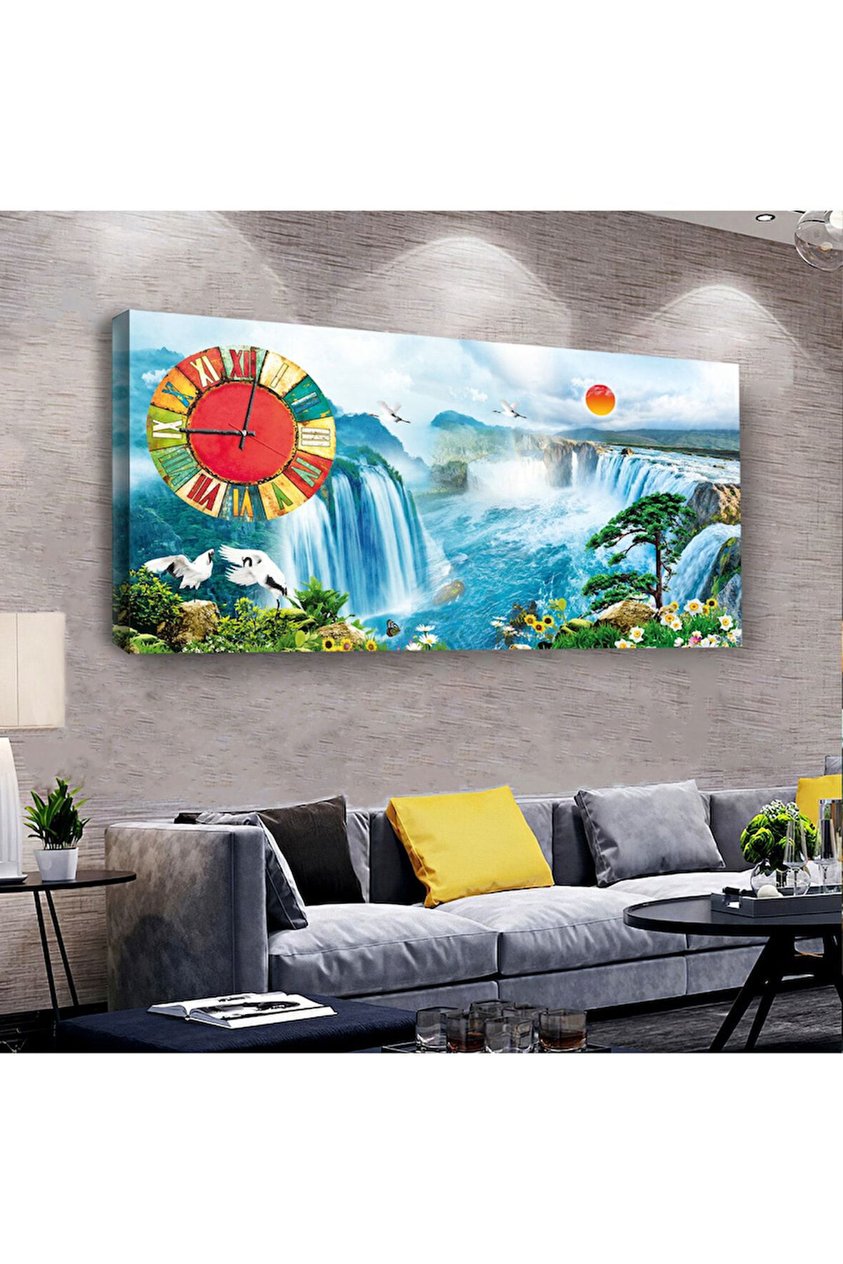 Şelale Manzara 100 X 50 Cm Saatli Kanvas Tablo