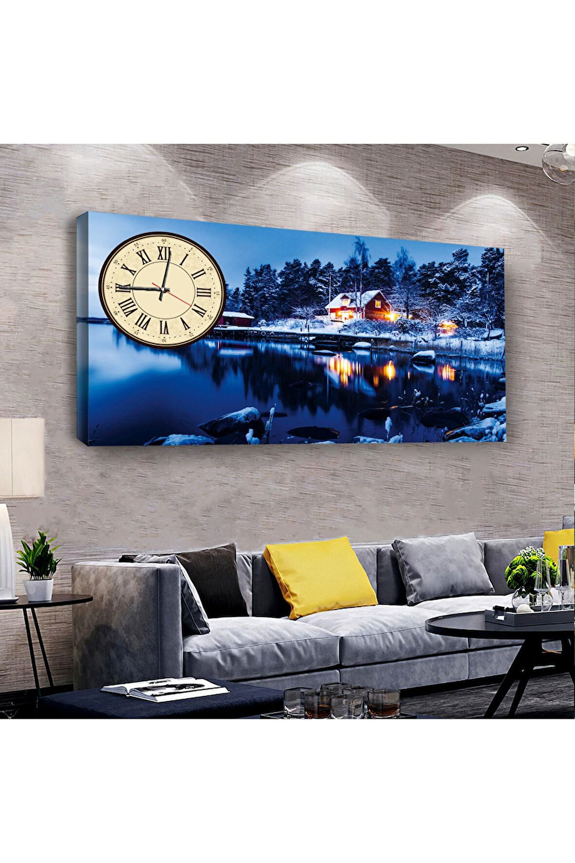 Kış Manzara 100 X 50 Cm Saatli Kanvas Tablo