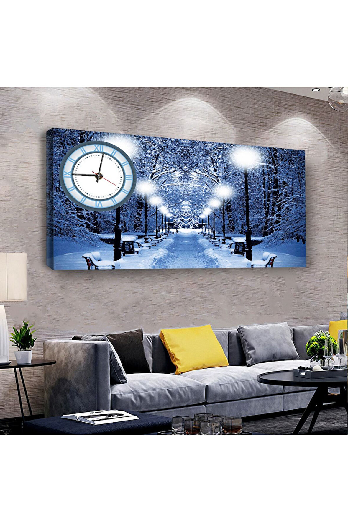 Kış Manzara 100 X 50 Cm Saatli Kanvas Tablo
