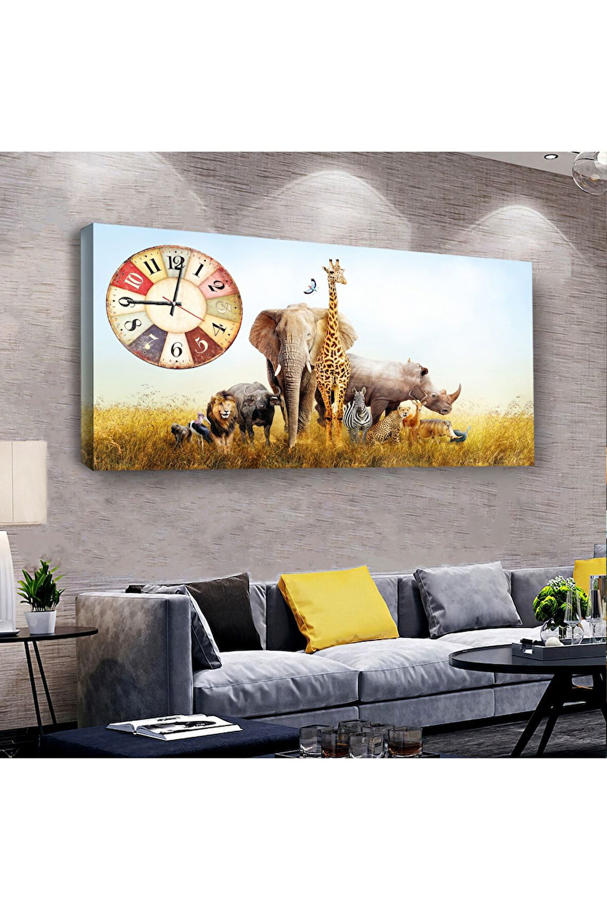 Hayvanlar Alemi 100 X 50 Cm Saatli Kanvas Tablo