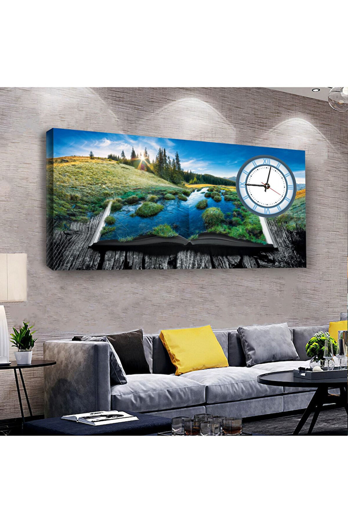 Doğa Manzara 100 X 50 Cm Saatli Kanvas Tablo