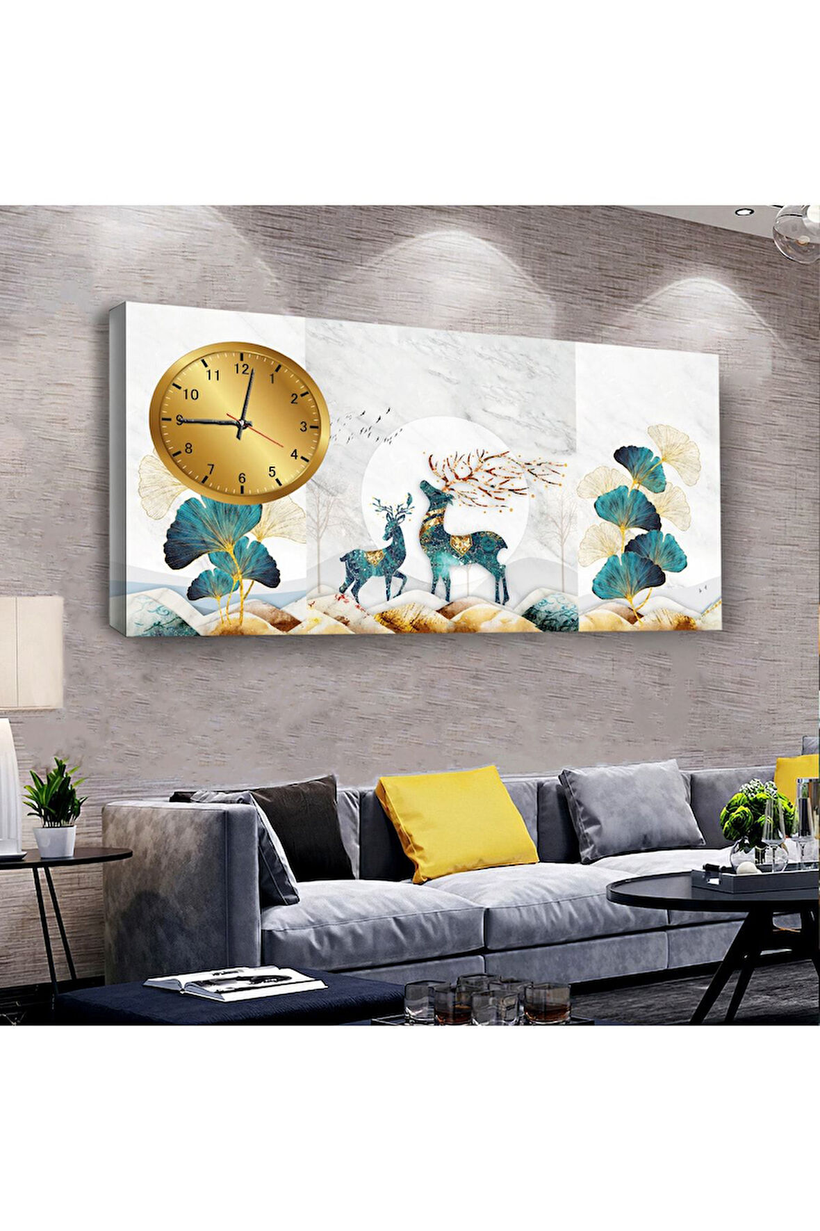 Geyik 100 X 50 Cm Saatli Kanvas Tablo