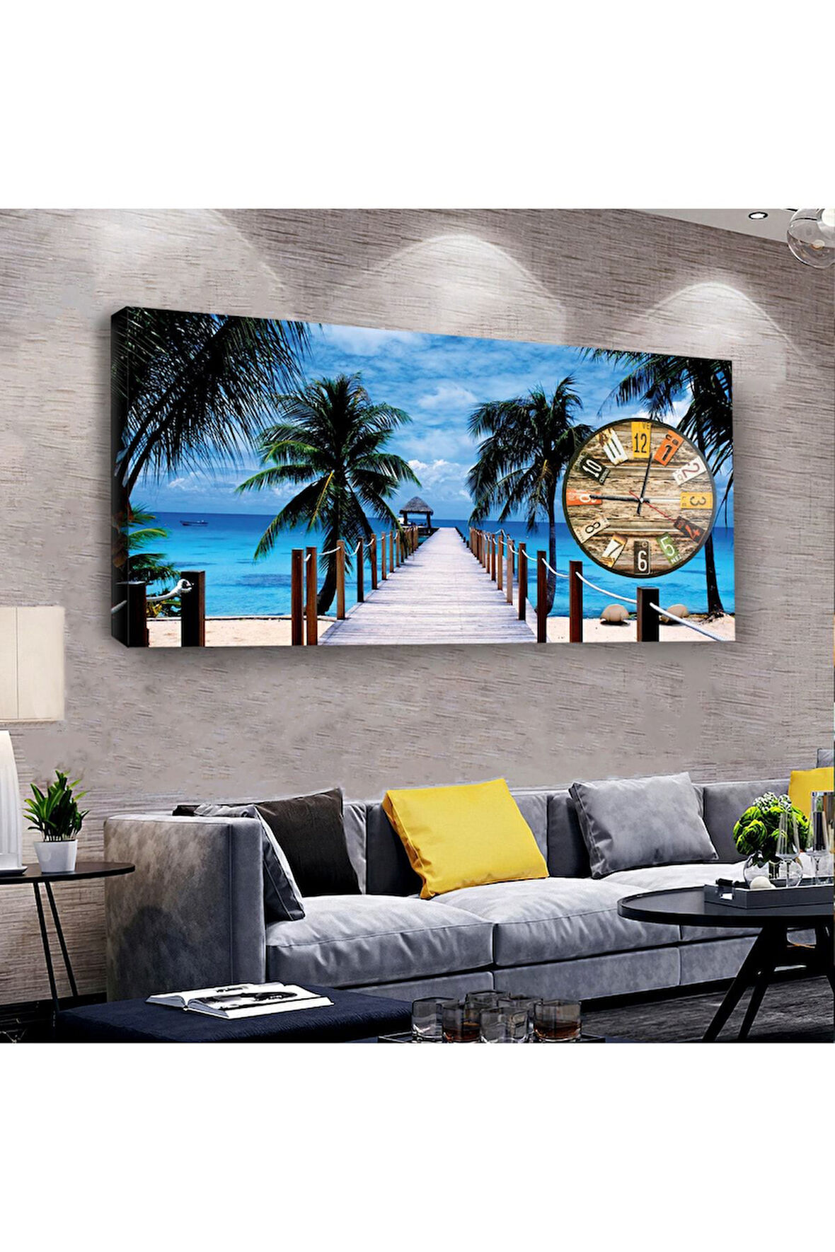 Palmiyeli Yol 100 X 50 Cm Saatli Kanvas Tablo