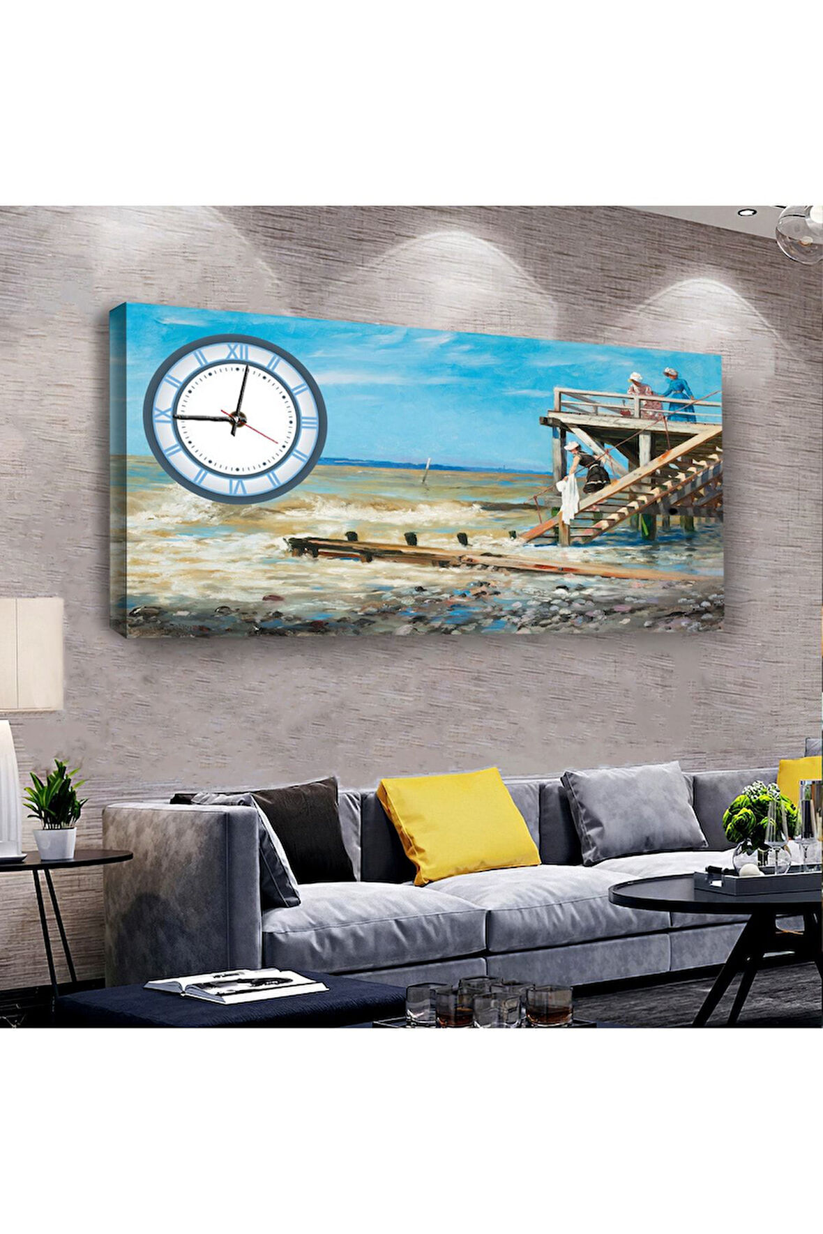Deniz Kenarı 100 X 50 Cm Saatli Kanvas Tablo