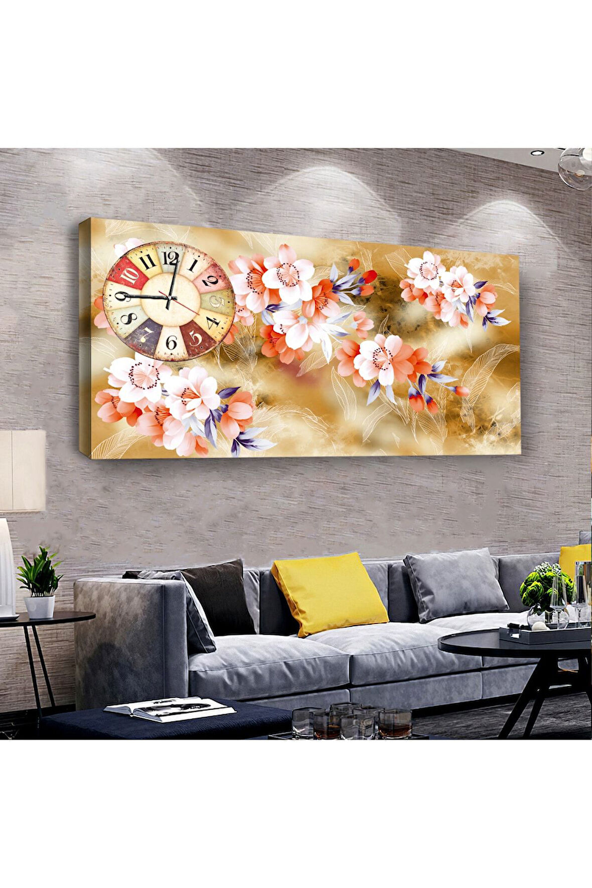 Çiçek 100 X 50 Cm Saatli Kanvas Tablo
