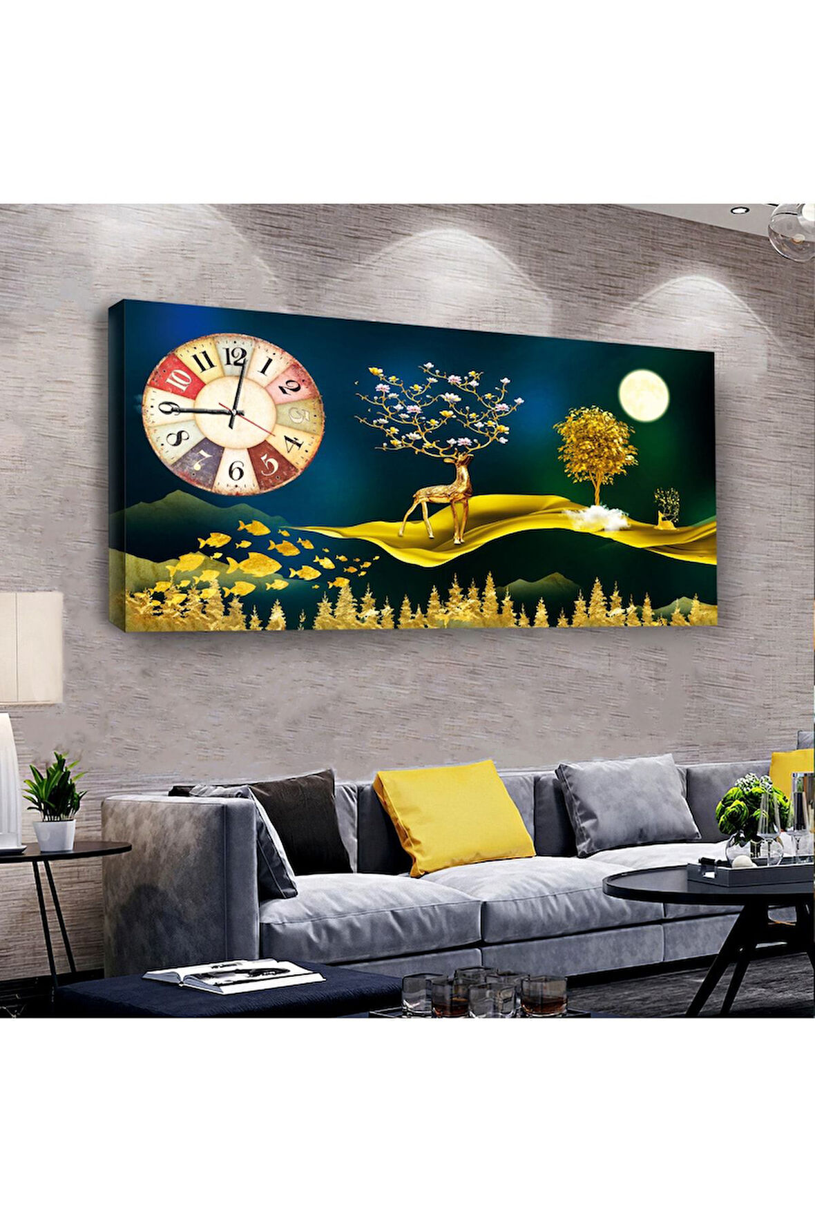 Geyik 100 X 50 Cm Saatli Kanvas Tablo
