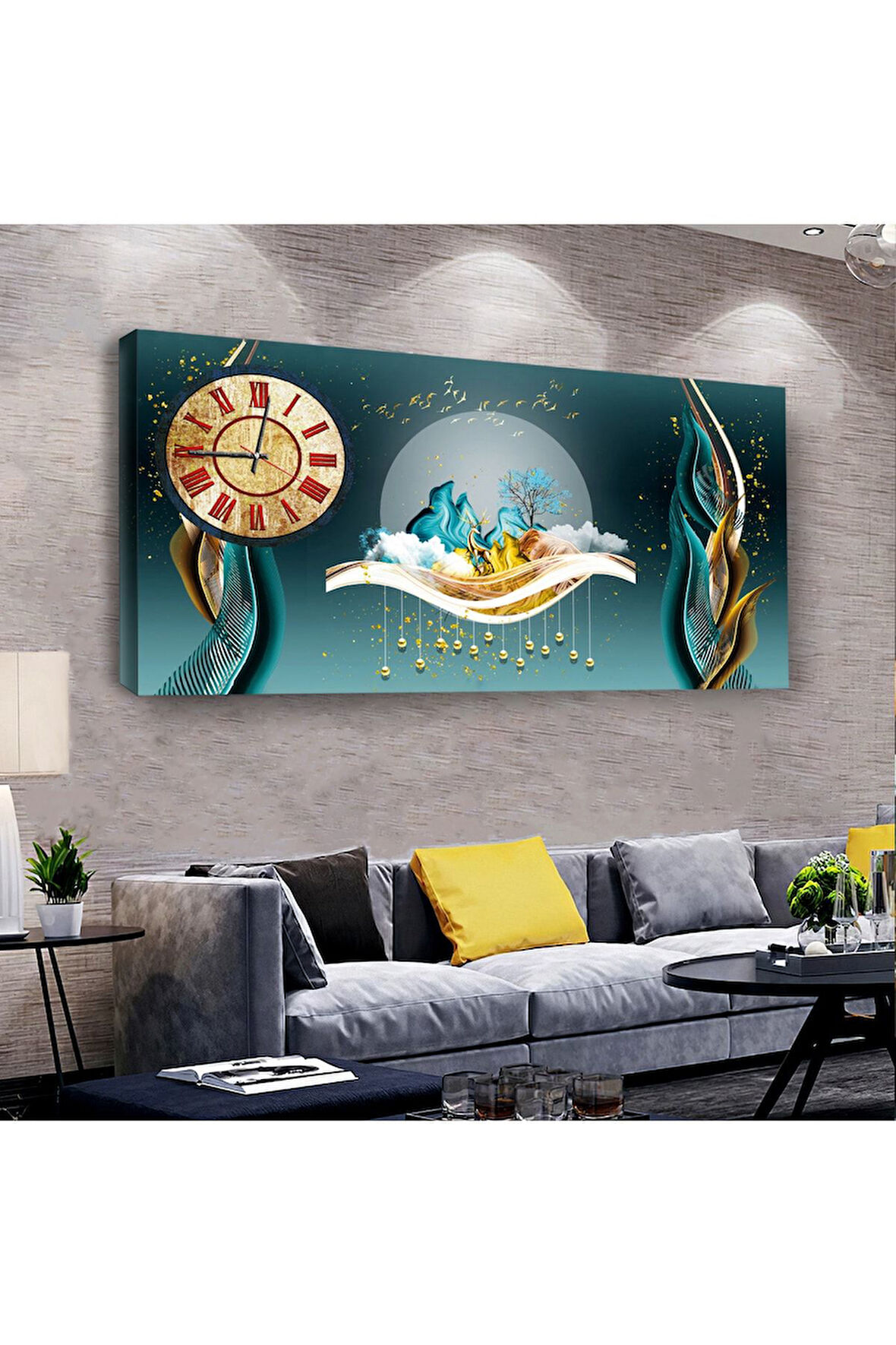 Kolaj Çizim 100 X 50 Cm Saatli Kanvas Tablo