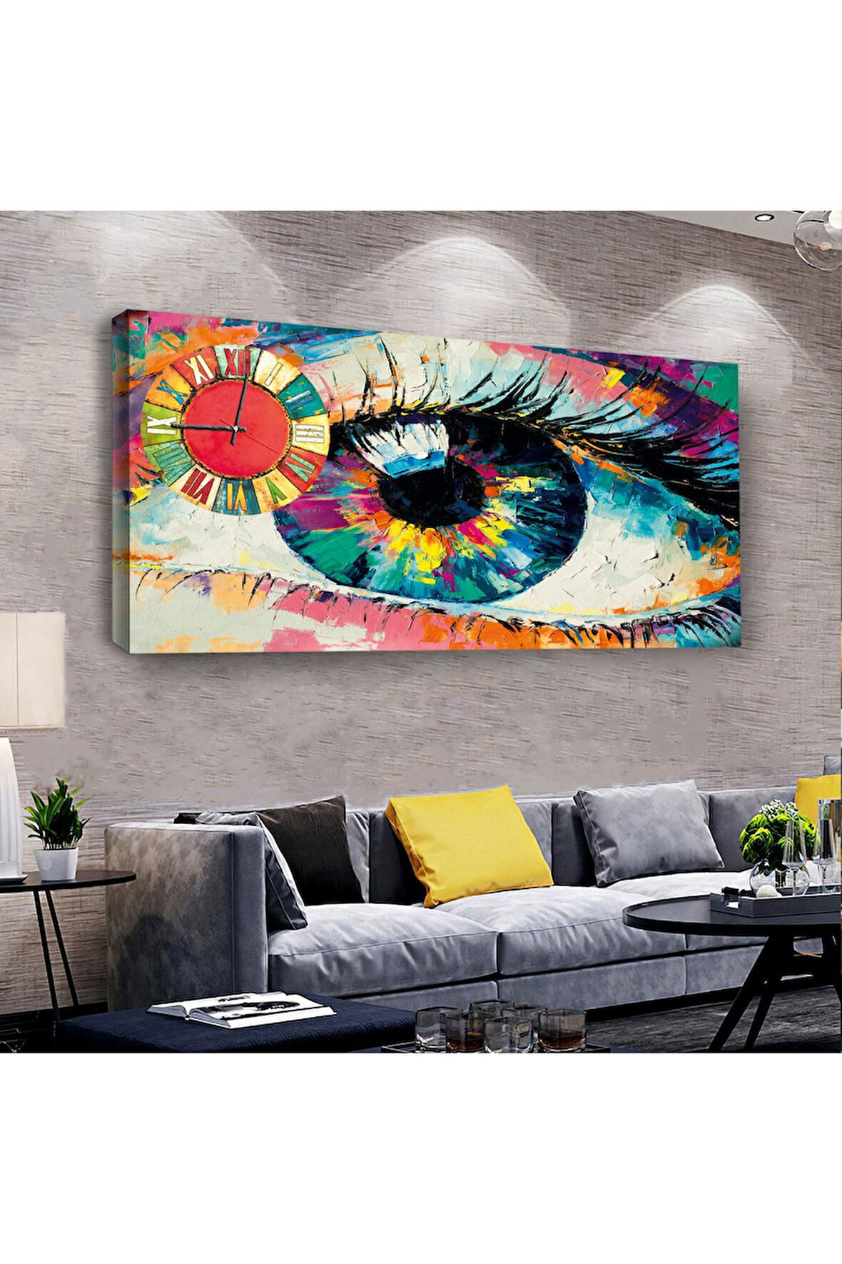 Renkli Göz 100 X 50 Cm Saatli Kanvas Tablo