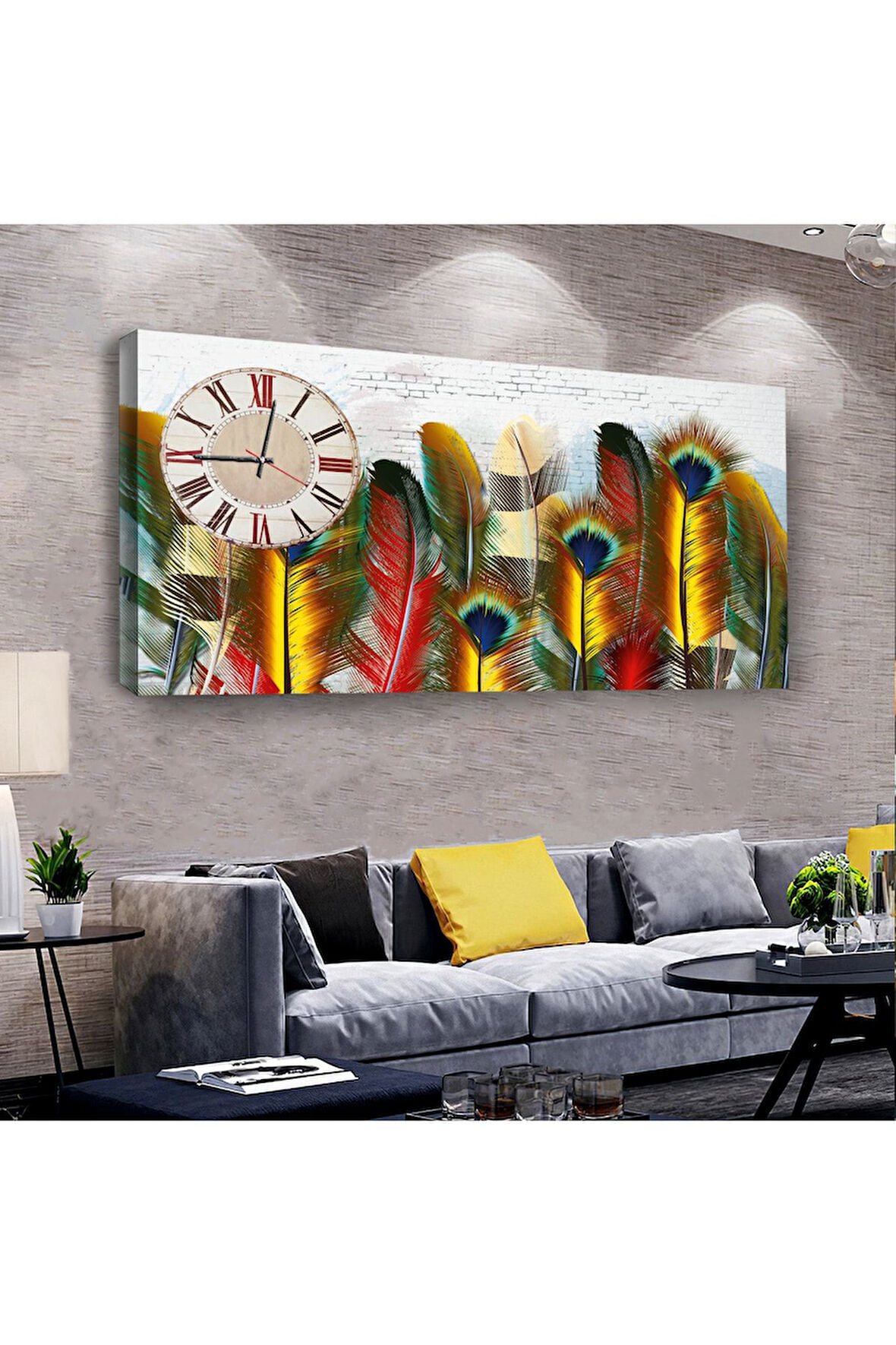 Renkli Kuş Tüyü 100 X 50 Cm Saatli Kanvas Tablo