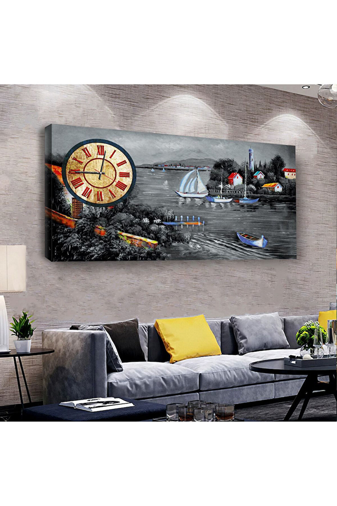 Şehir Manzara 100 X 50 Cm Saatli Kanvas Tablo