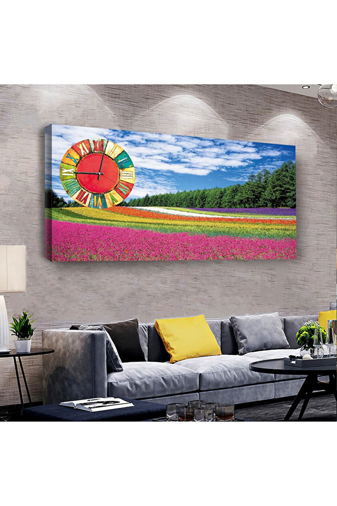 Renkli Bahçe 100 X 50 Cm Saatli Kanvas Tablo