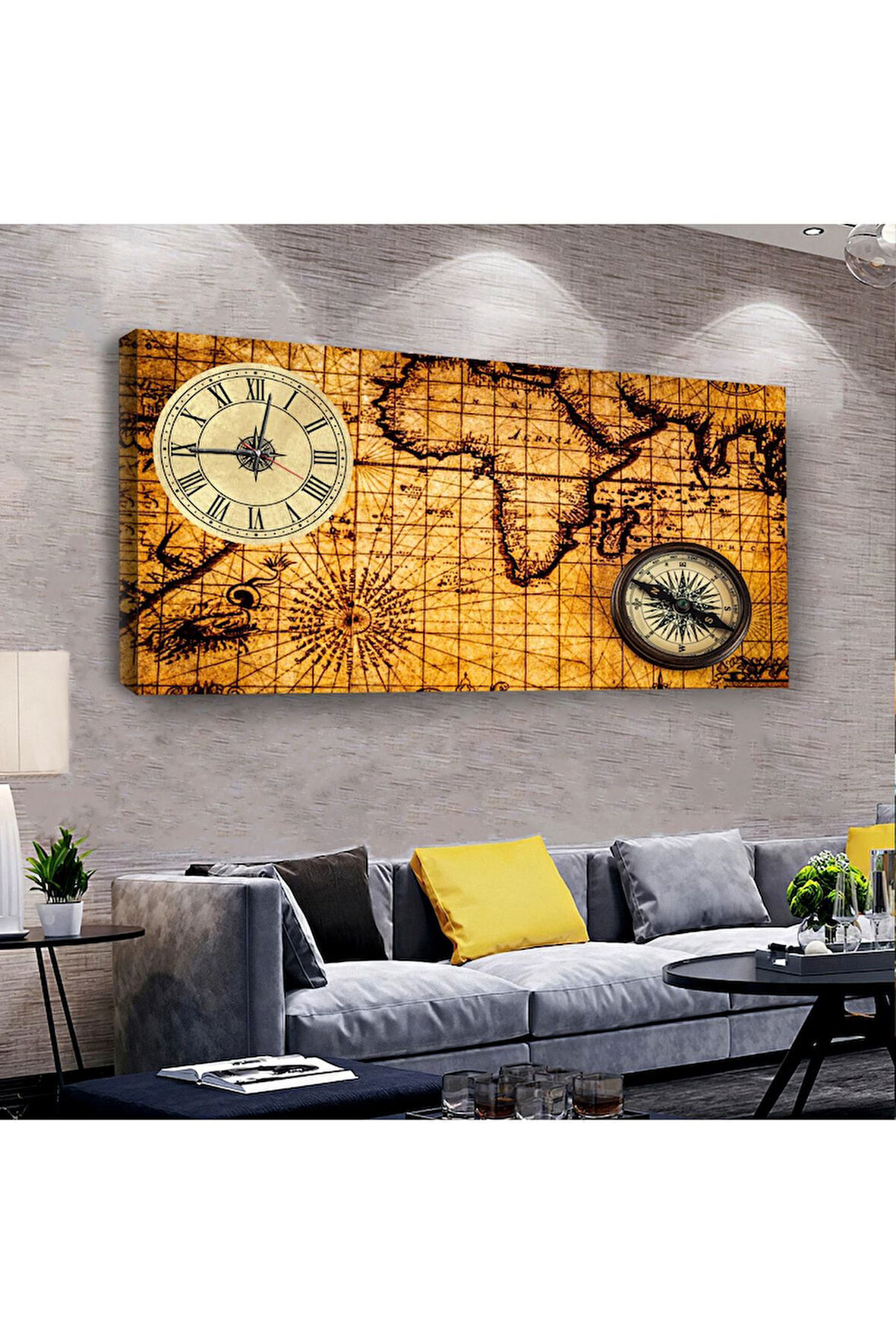 Dünya Haritası 100 X 50 Cm Saatli Kanvas Tablo