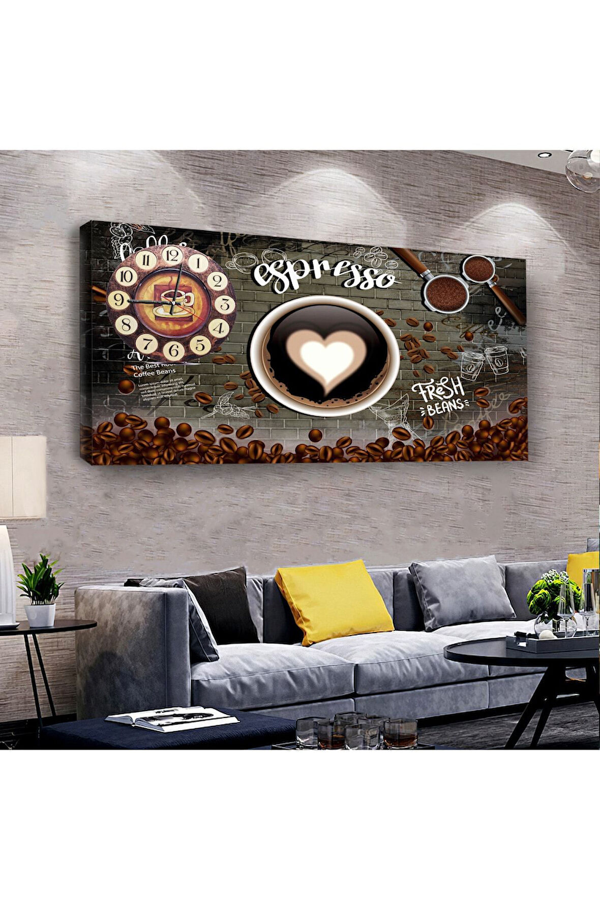 Espresso Kahve 100 X 50 Cm Saatli Kanvas Tablo