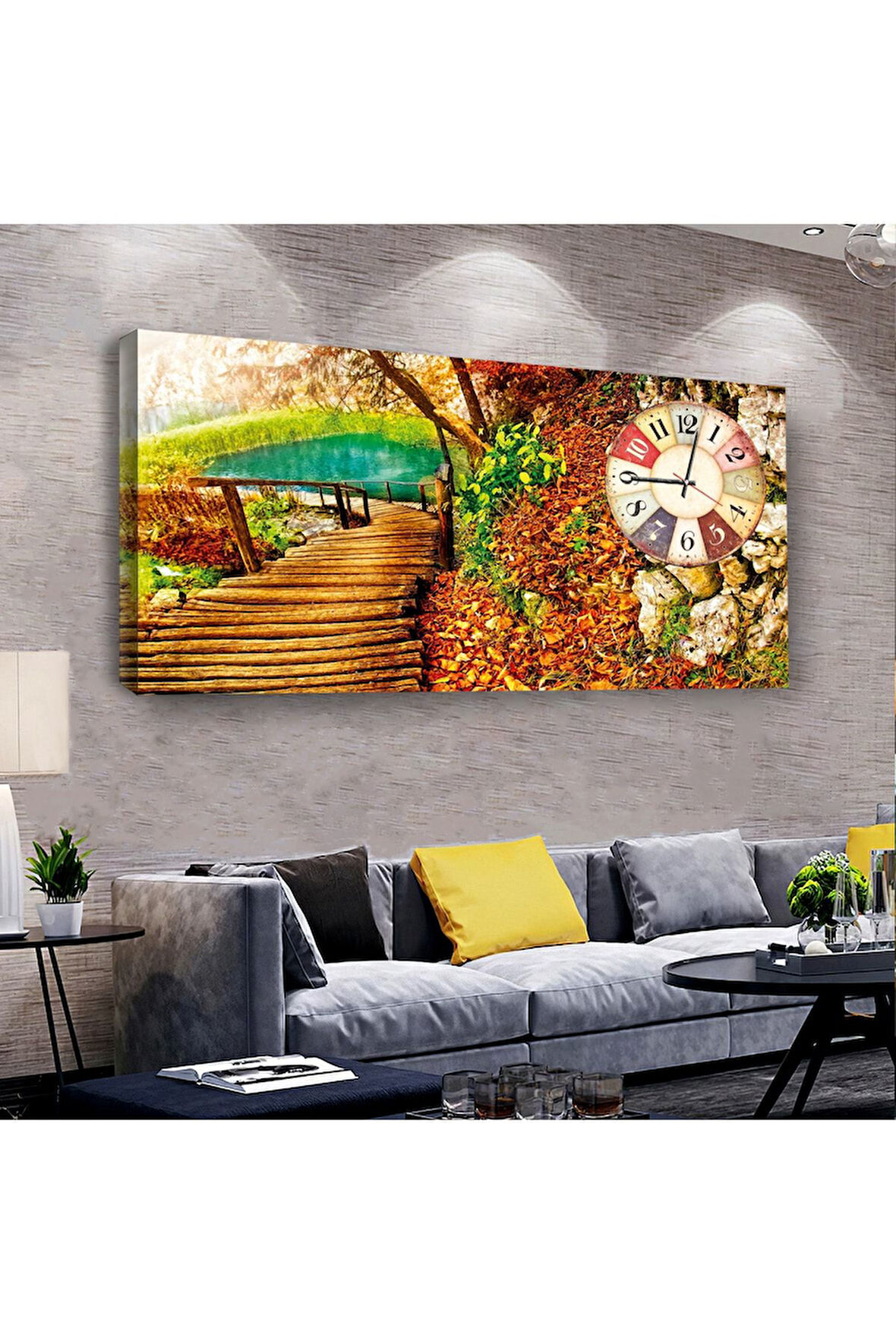 Göl Kenarı Manzara 100 X 50 Cm Saatli Kanvas Tablo