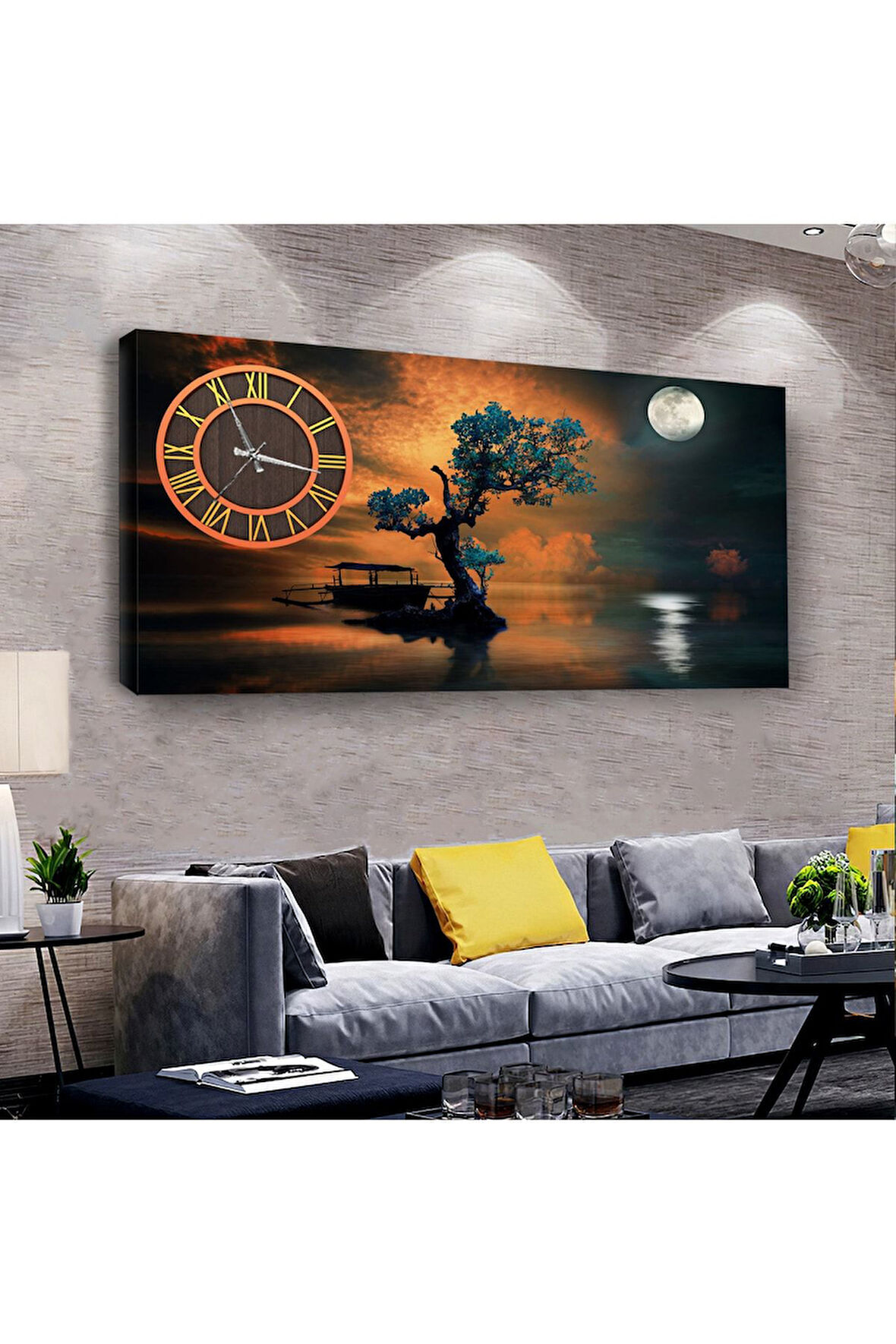 Gün Batımı Manzara 100 X 50 Cm Saatli Kanvas Tablo