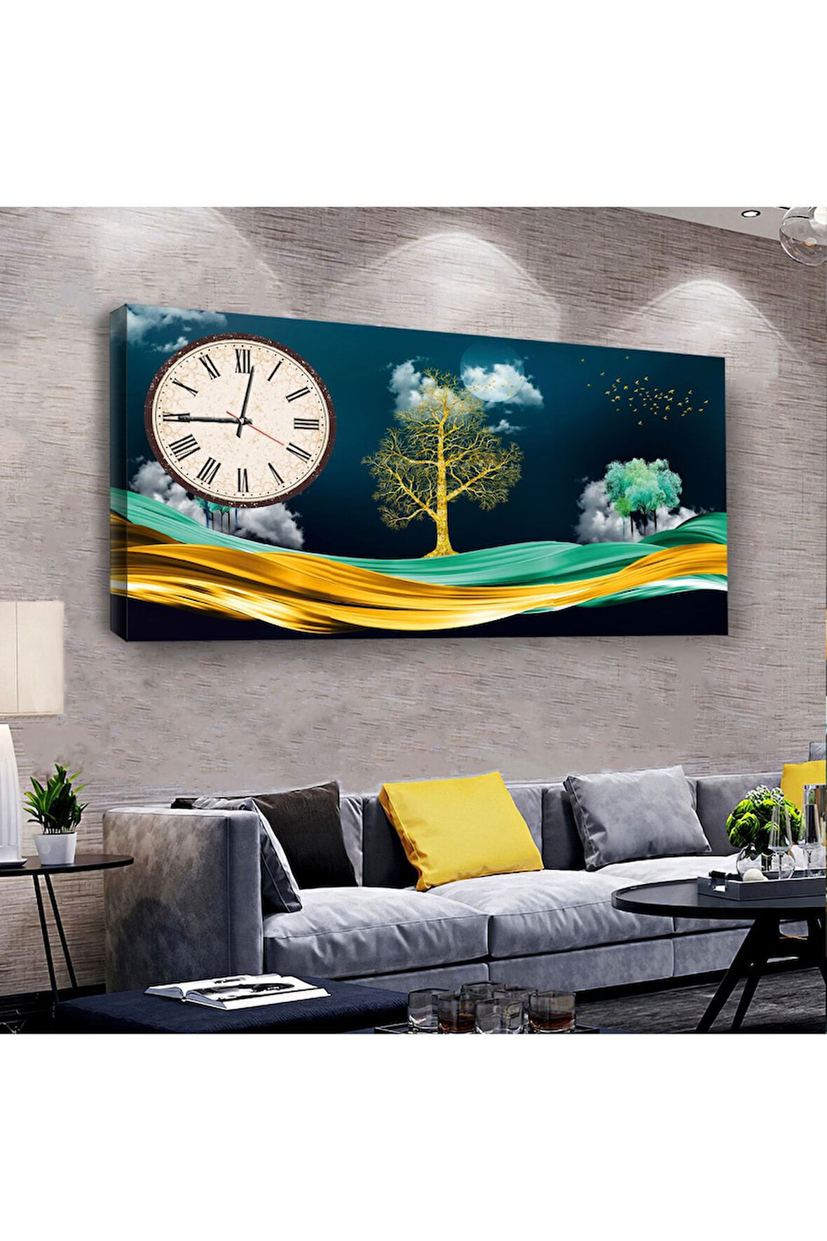 Kolaj Çizim 100 X 50 Cm Saatli Kanvas Tablo