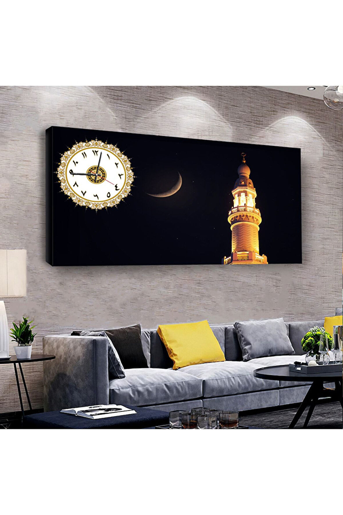 Hilal Minare Dini 100 X 50 Cm Saatli Kanvas Tablo