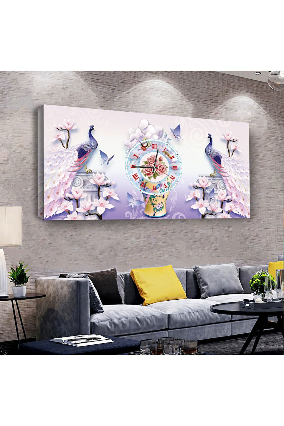 Tavus Kuşu 100 X 50 Cm Saatli Kanvas Tablo