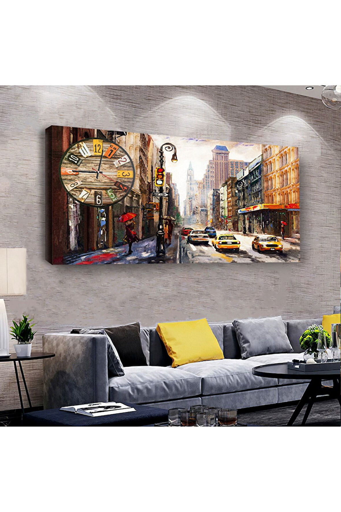 Şehir Trafik 100 X 50 Cm Saatli Kanvas Tablo