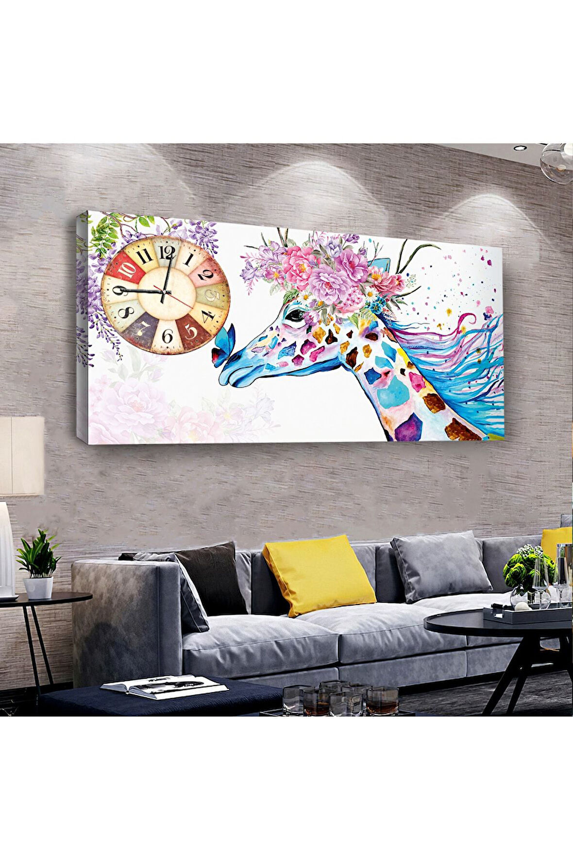 Renkli Zürafa 100 X 50 Cm Saatli Kanvas Tablo