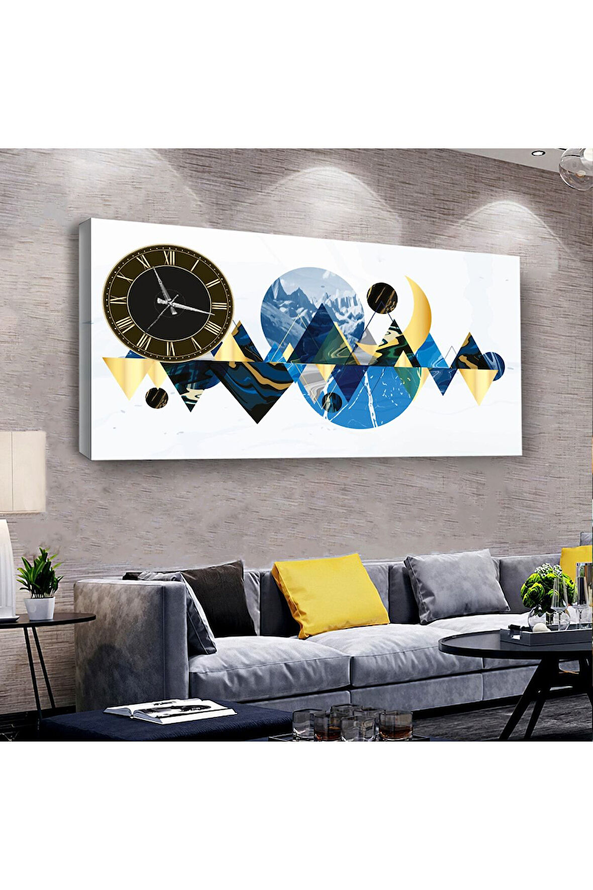 Kolaj Çizim 100 X 50 Cm Saatli Kanvas Tablo
