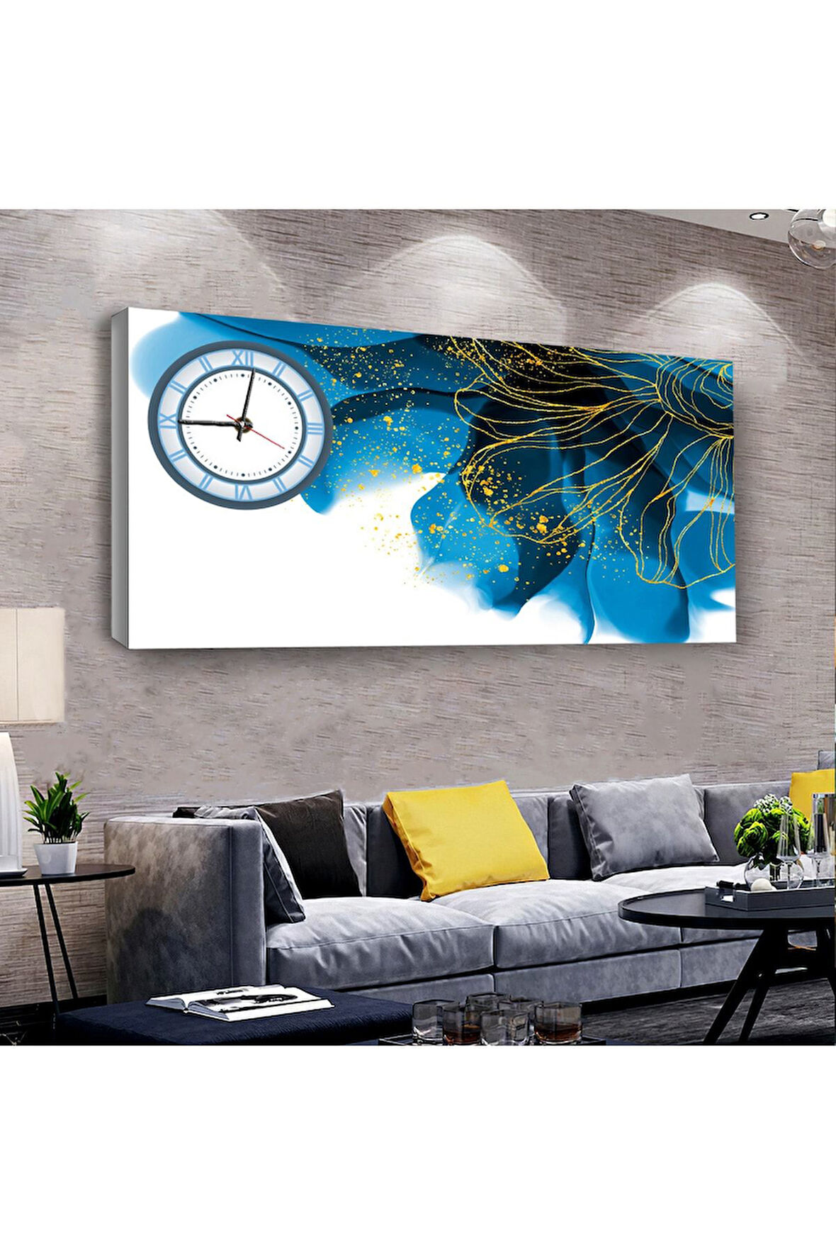 Mavi Renk 100 X 50 Cm Saatli Kanvas Tablo