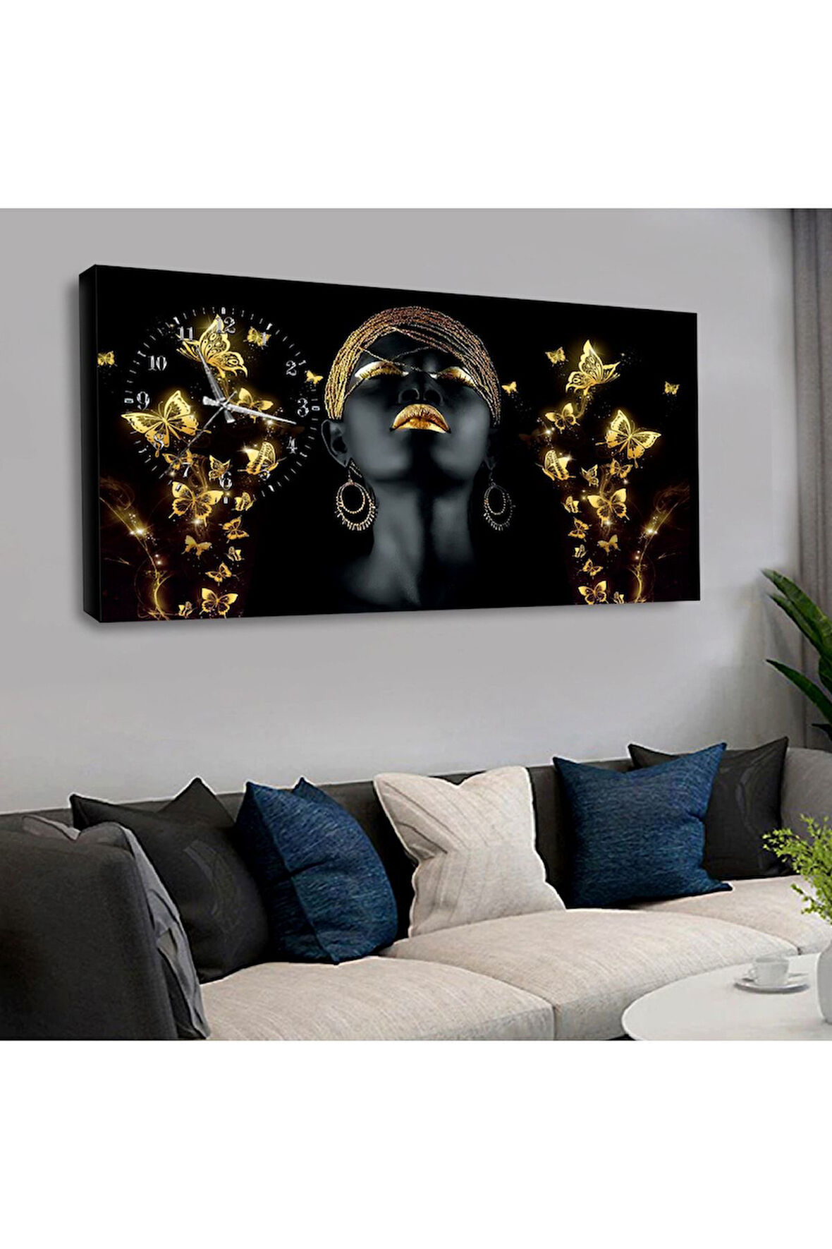 120x60 Saatli Afrikalı Kadın Kanvas Tablo