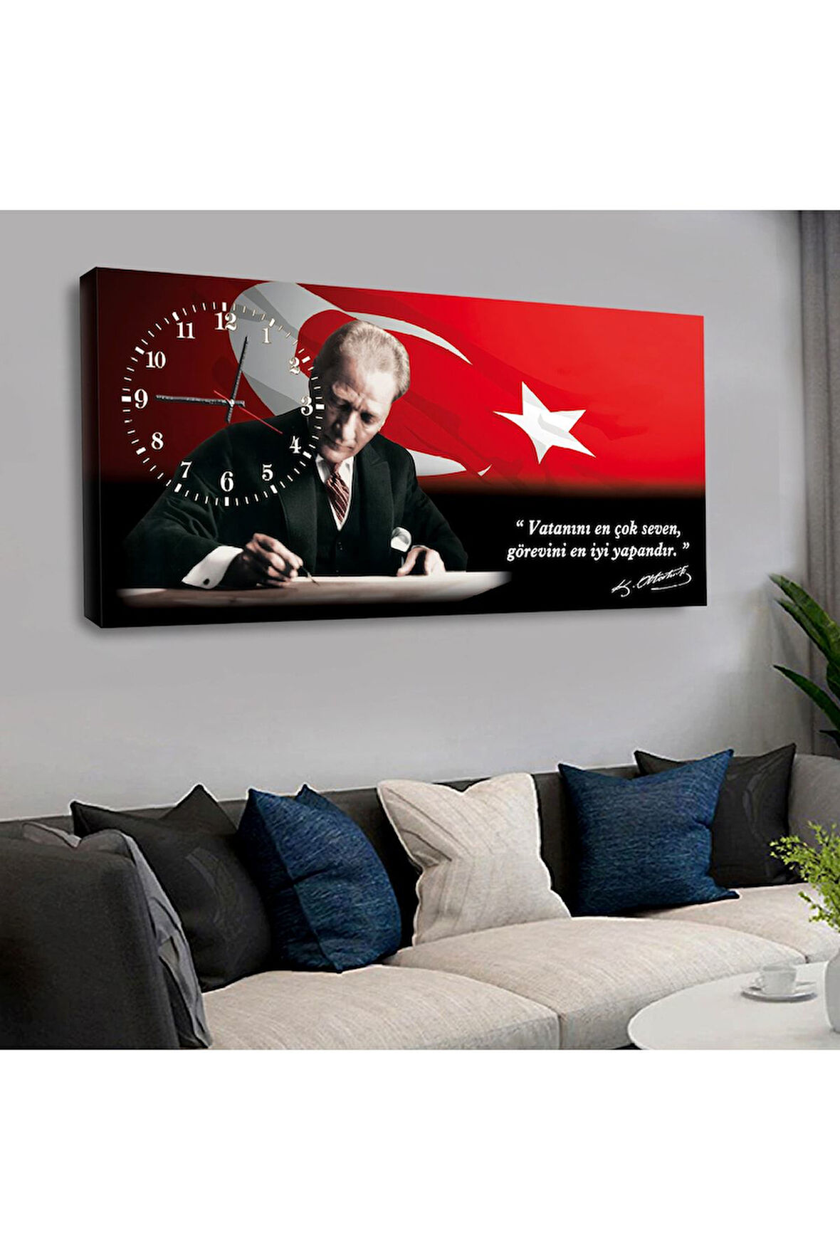 120x60 Saatli Mustafa Kemal Atatürk Kanvas Tablo