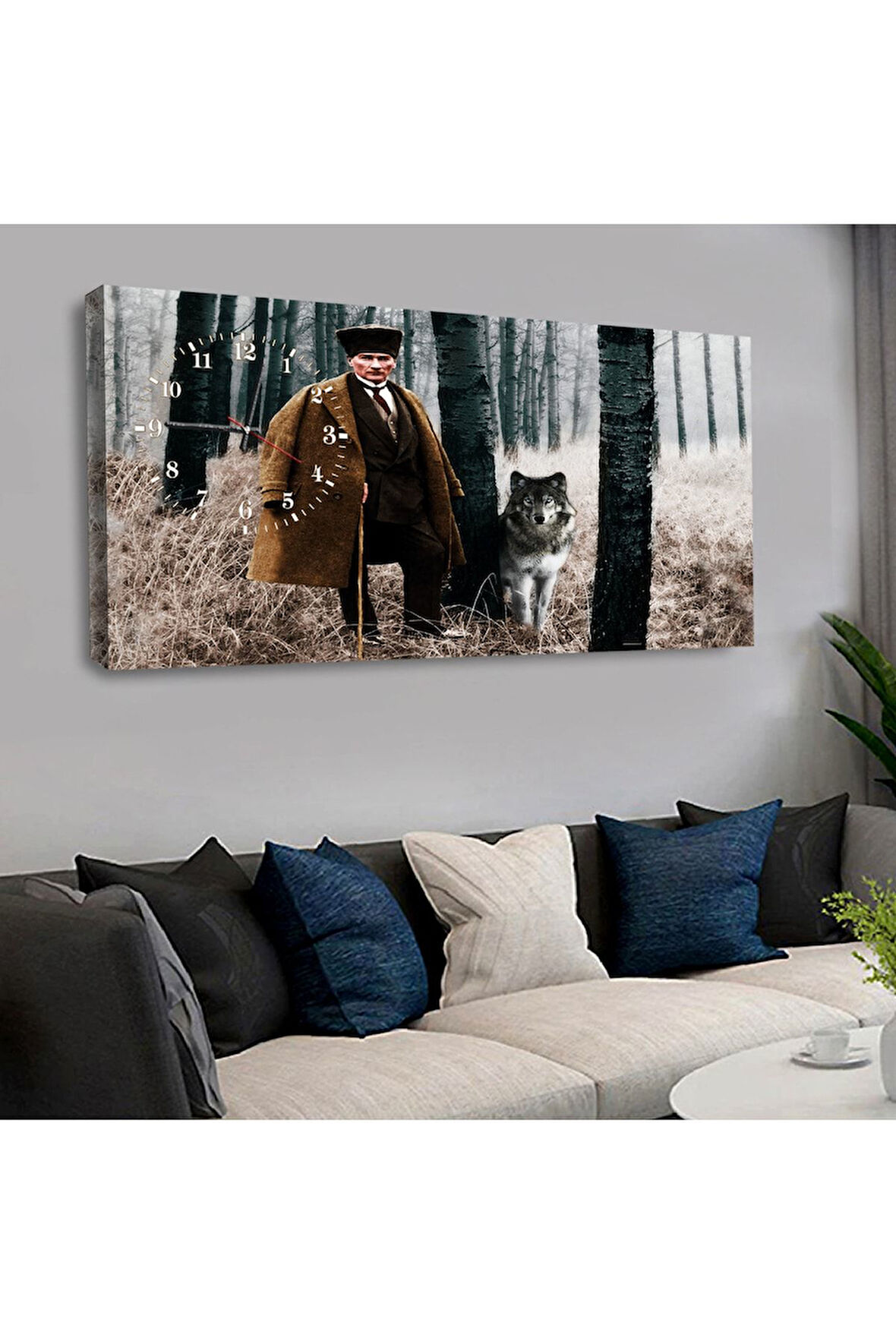 120x60 Saatli Mustafa Kemal Atatürk Kanvas Tablo