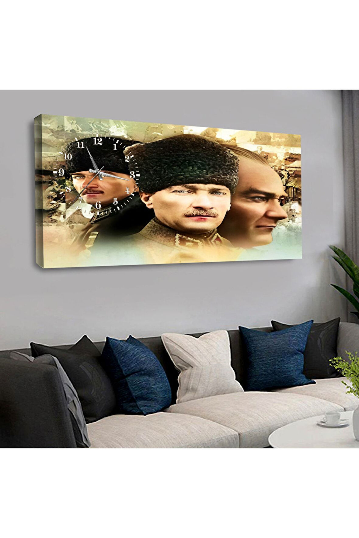 120x60 Saatli Mustafa Kemal Atatürk Kanvas Tablo