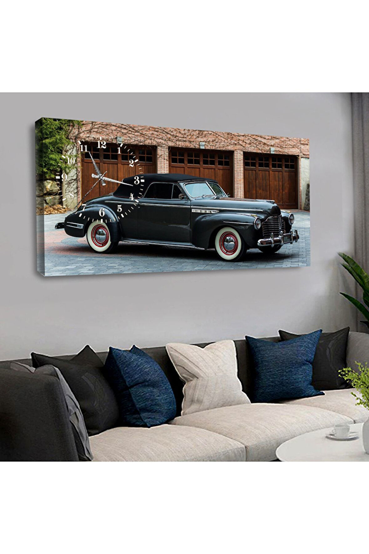 120x60 Saatli Klasik Araba Kanvas Tablo