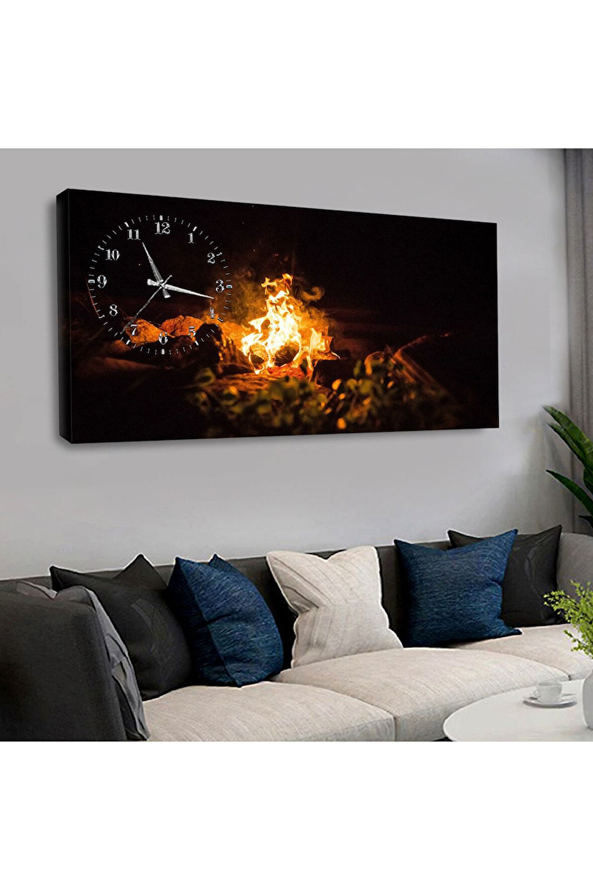 120x60 Saatli Doğa Ateş Kanvas Tablo