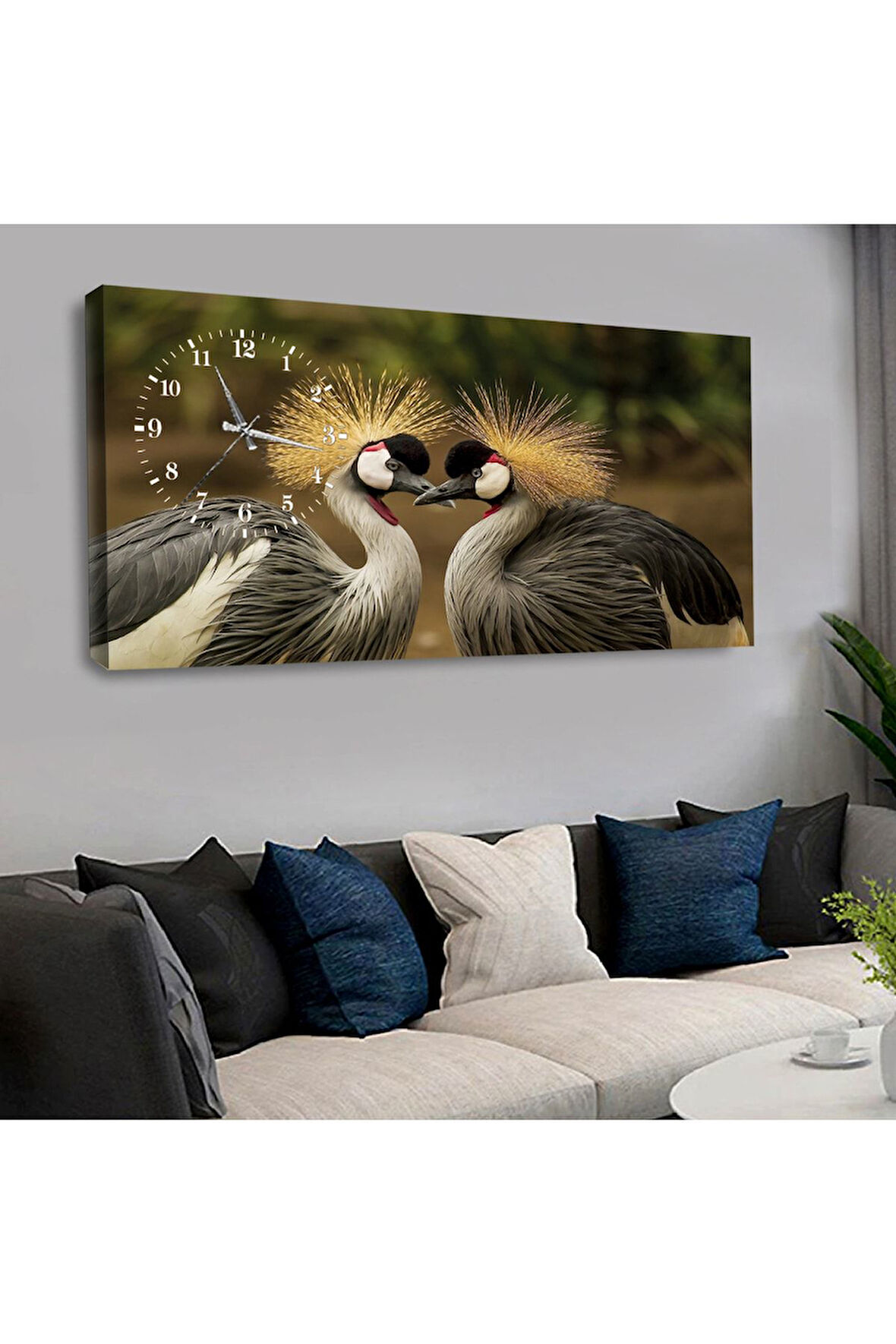 120x60 Saatli Aşk Kuşları Kanvas Tablo