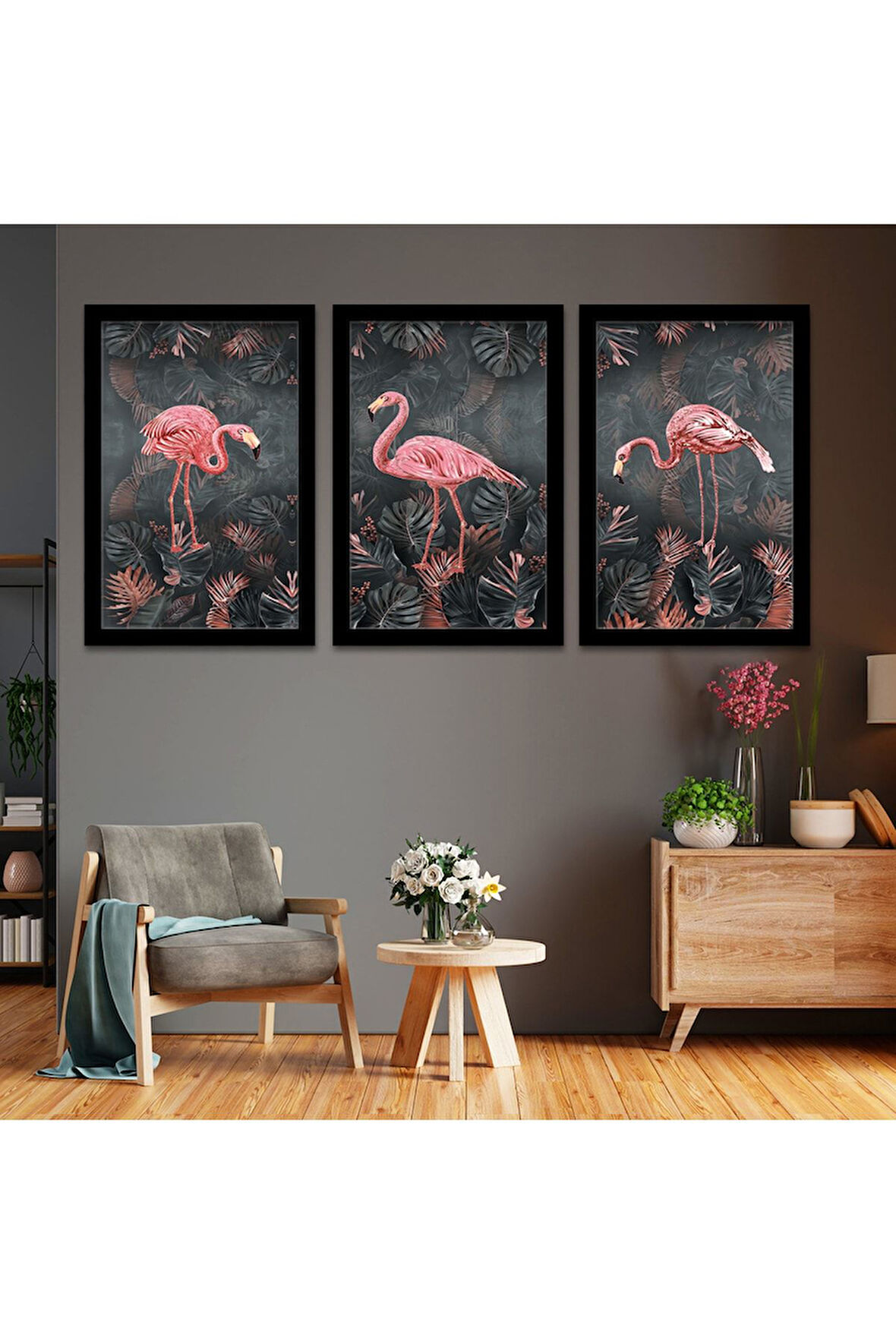 Beyaz Ahşap Çerçeveli Flamingo Tablosu