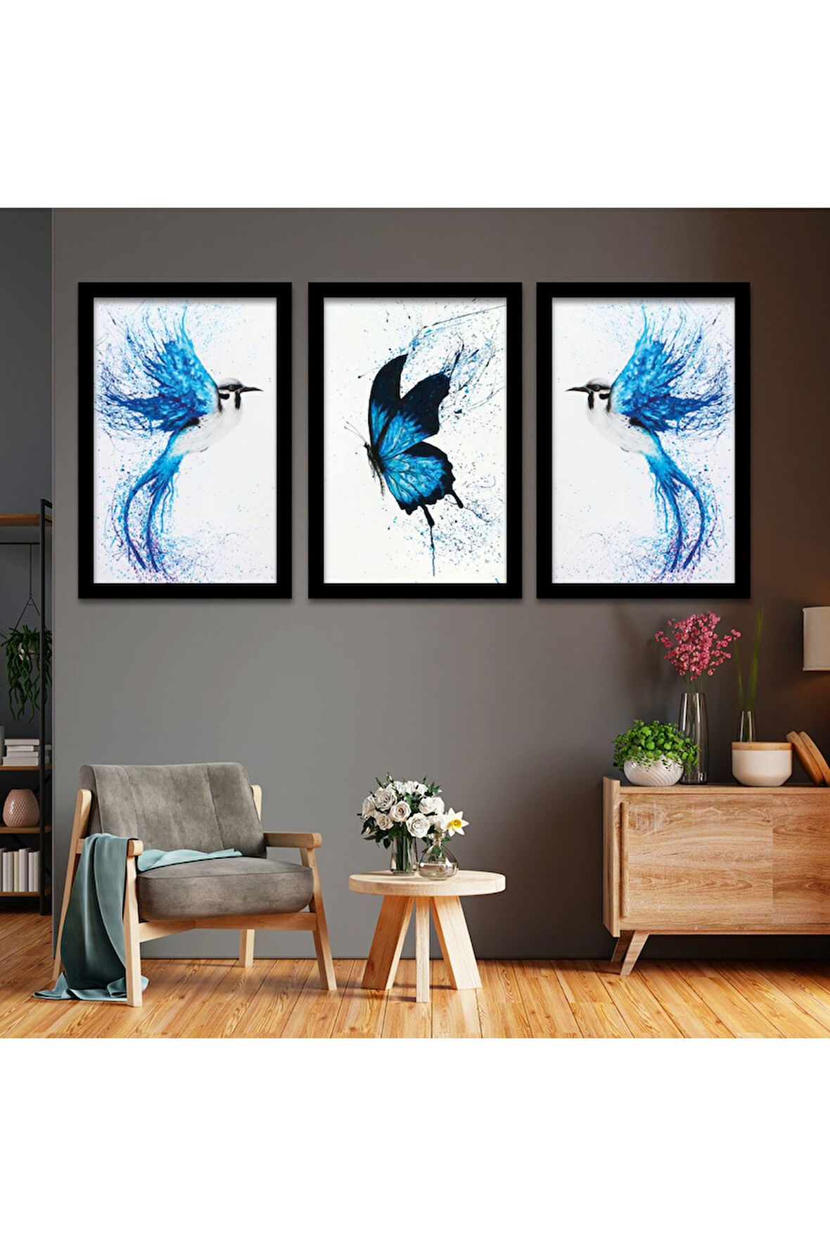 Beyaz Ahşap Çerçeveli Mavi Renkli Tablo