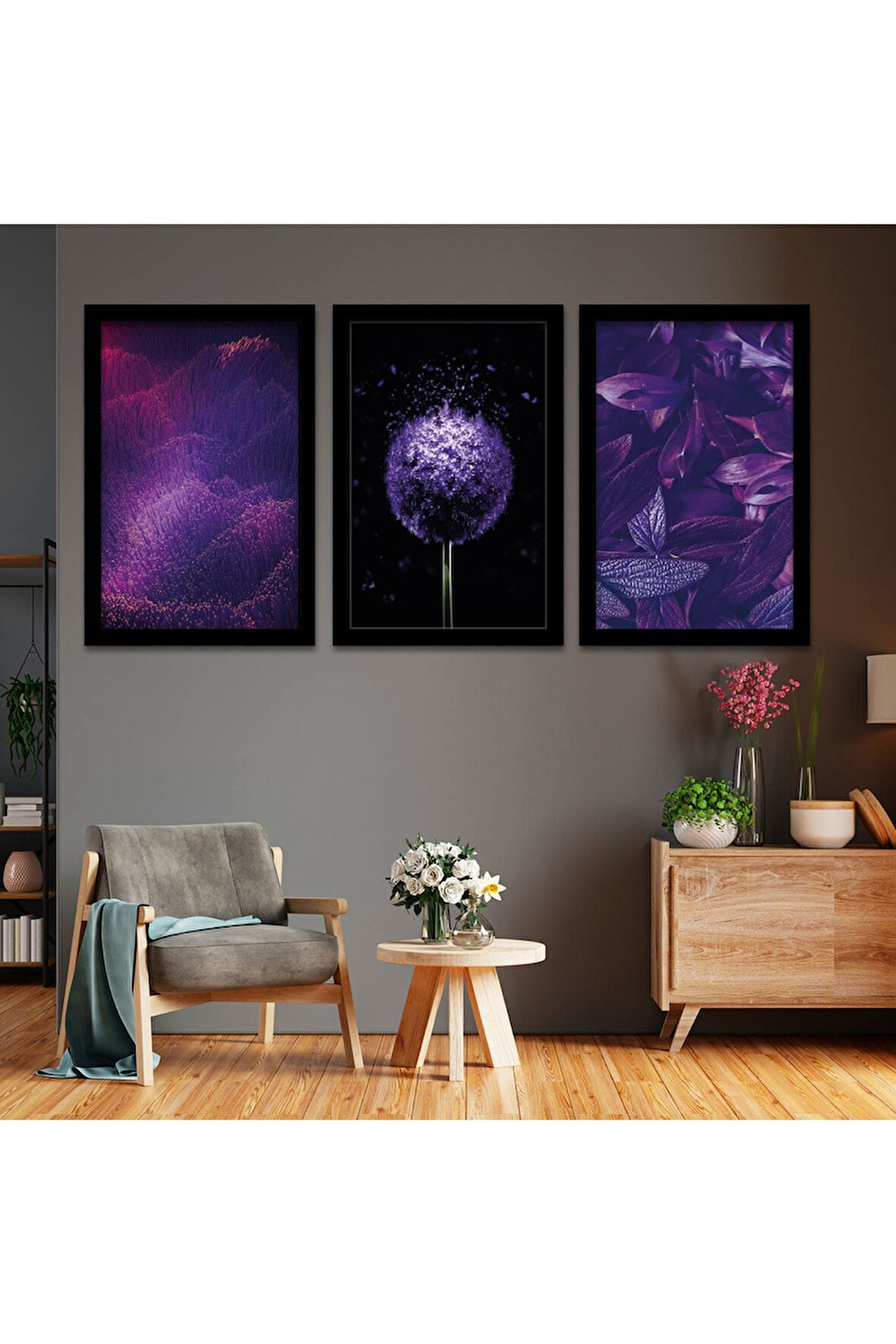 Beyaz Ahşap Çerçeveli Mor Renk Modern Tablo