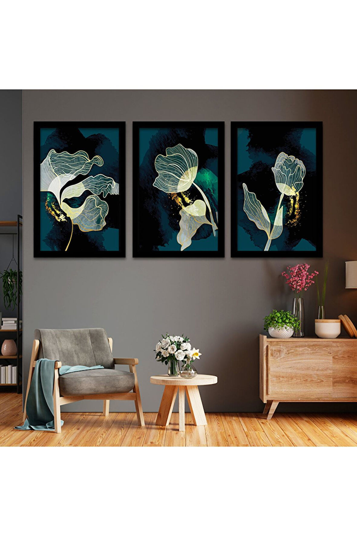 Beyaz Ahşap Çerçeveli Kolaj Çizim Modern Tablo